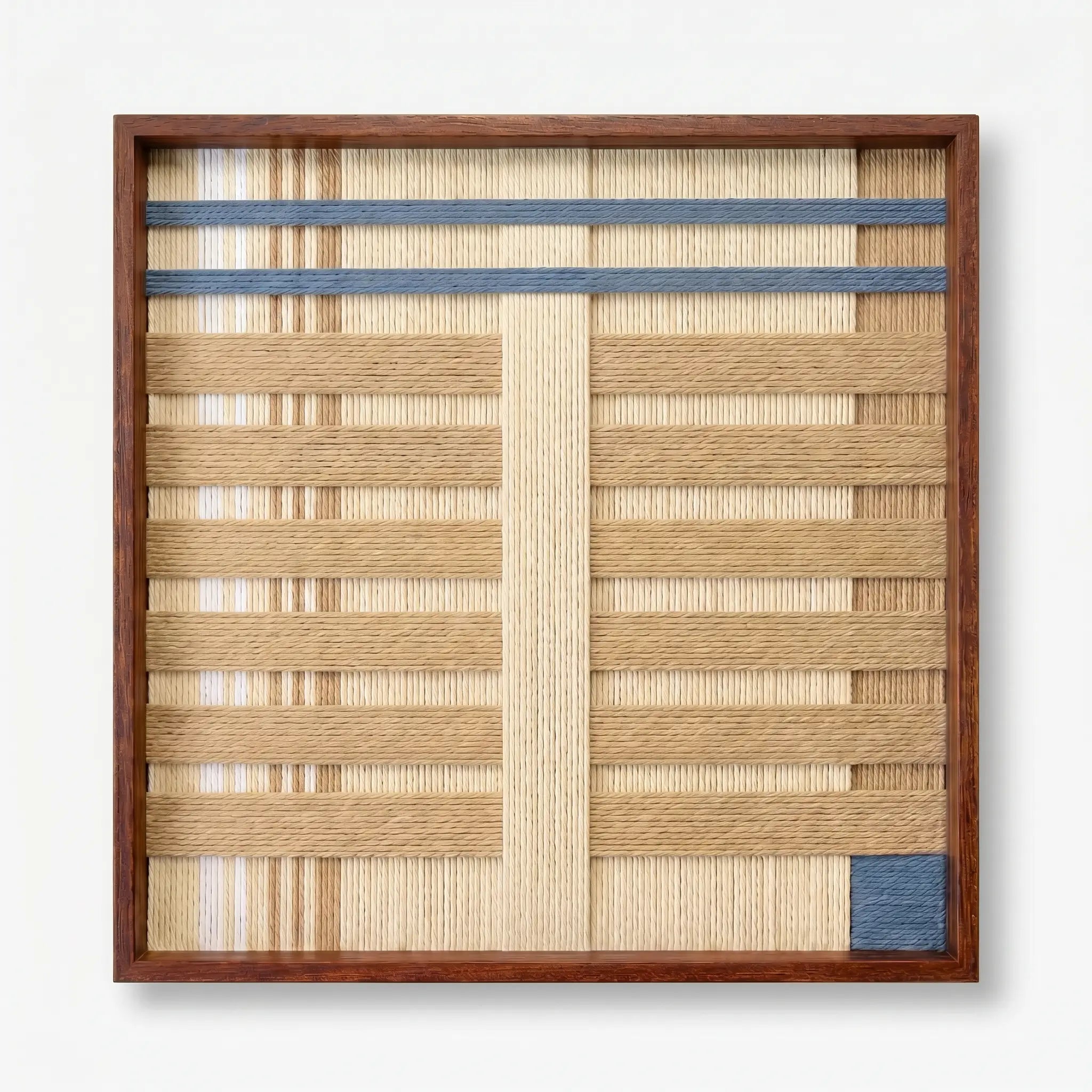 Frontal studio shot of the Breathing Shallows hand-woven wool wall art featuring beige, cream, and blue geometric patterns in a wooden frame against a clean white background.