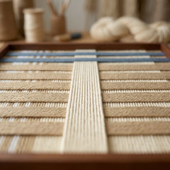 Detailed close-up of the hand-wrapped wool yarn on the Breathing Shallows tapestry, showcasing the structural multi-directional layering of beige and cream fibers.