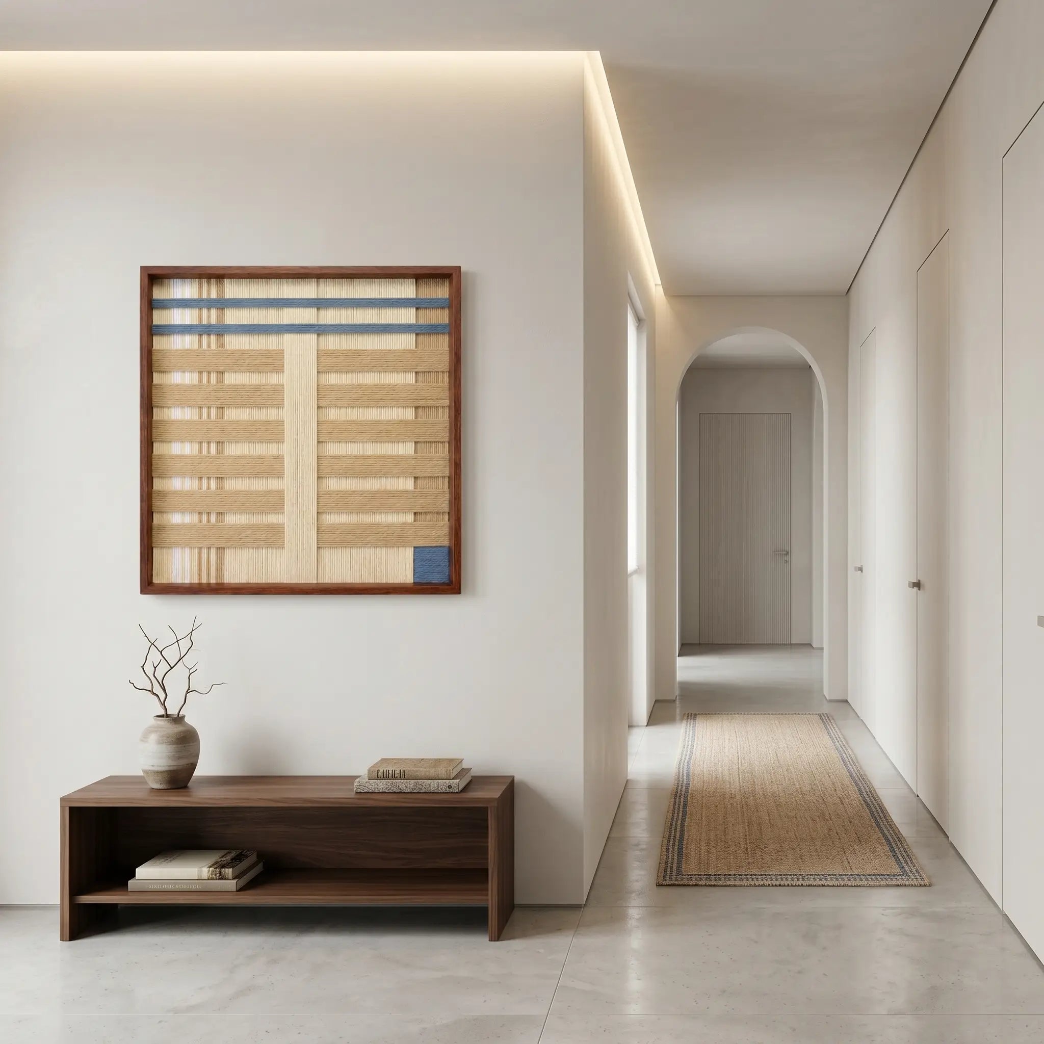 Square textured wool art creating a warm focal point in a modern minimalist hallway, hanging above a low wooden bench.