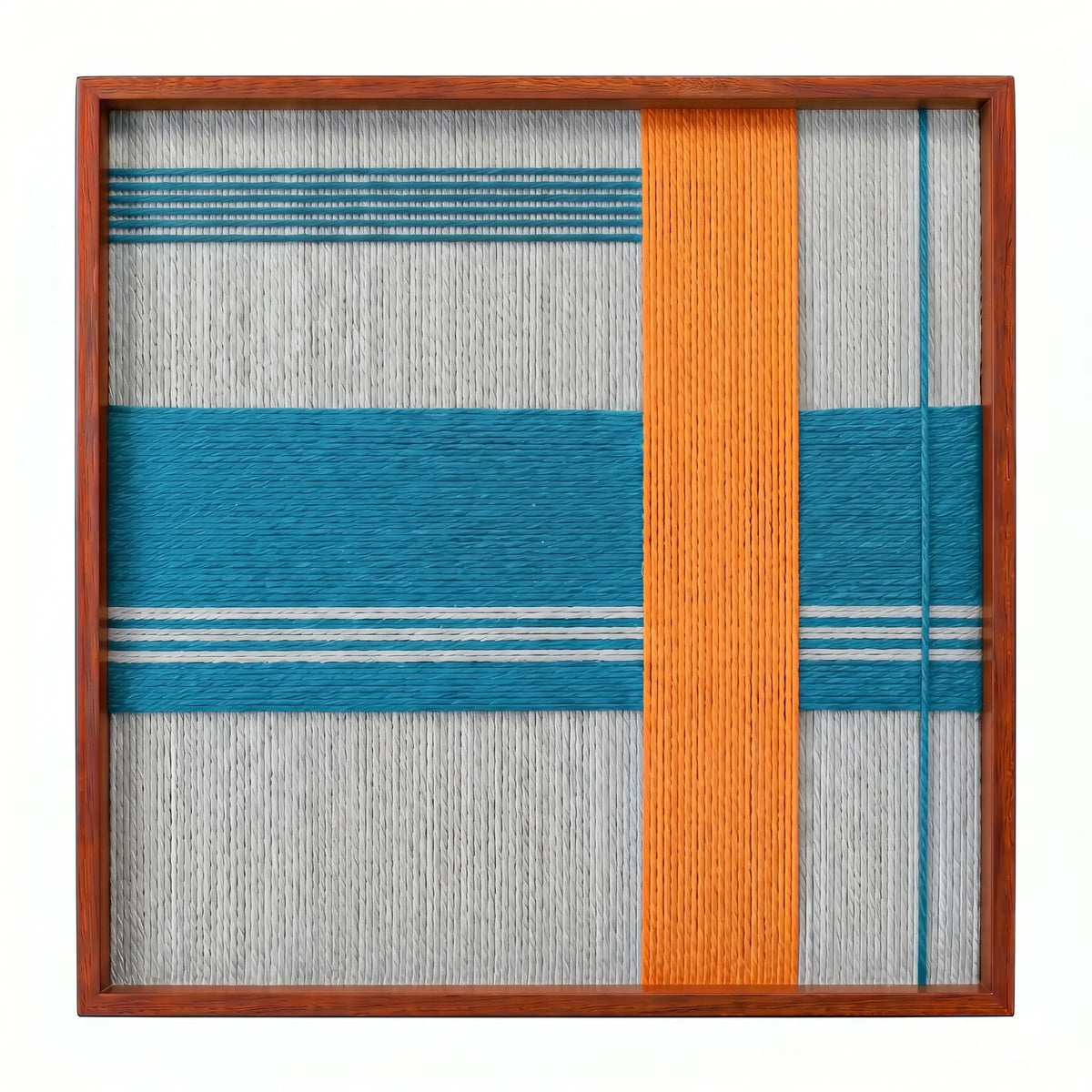 Frontal studio shot of the Breeze of Capri hand-woven textile wall art featuring a teal horizontal stripe and an orange vertical stripe in a wooden frame against a clean white background.