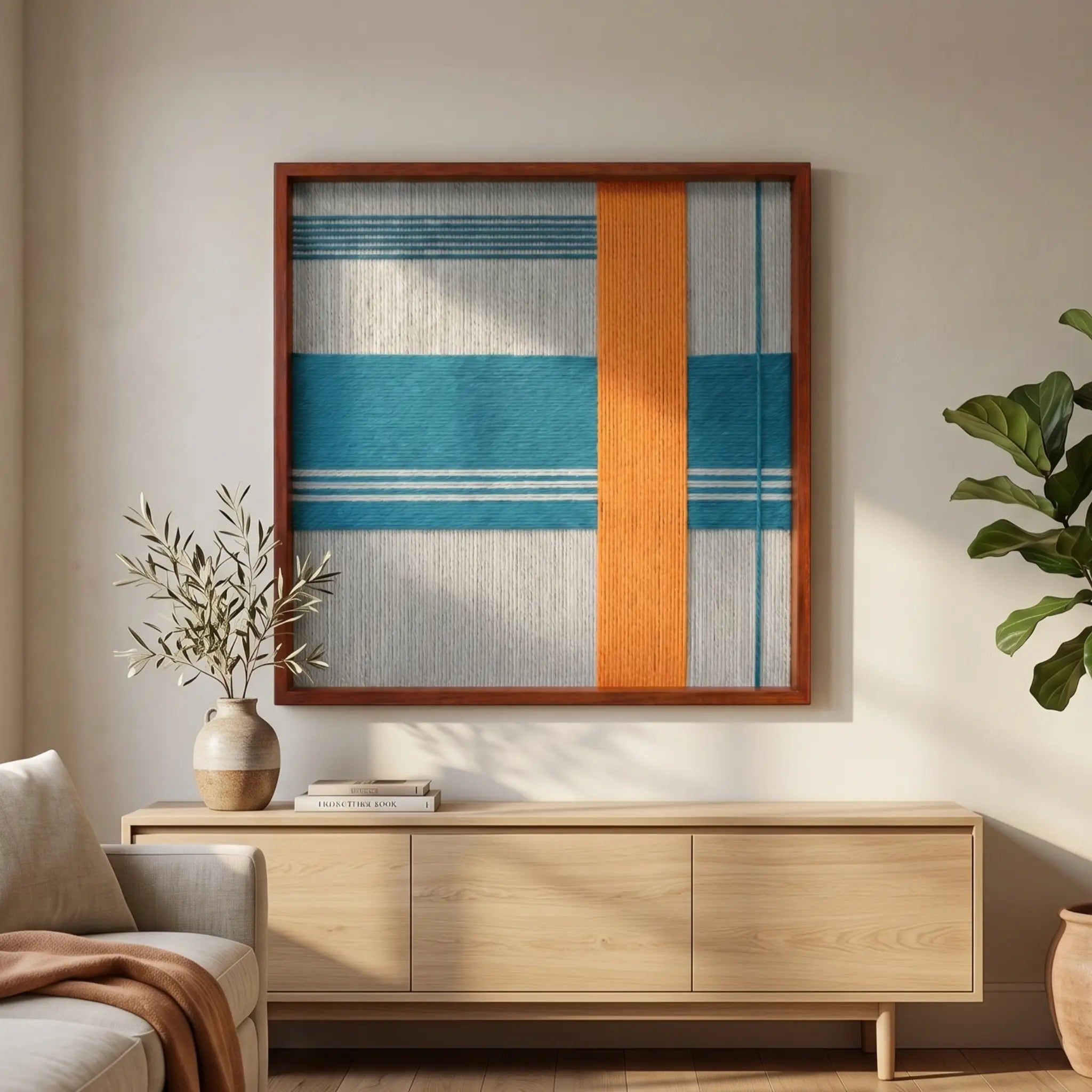 Large square Breeze of Capri textile wall art featuring woven grey, teal, and bright orange geometric patterns, hanging above a light oak sideboard in a sunlit living room.