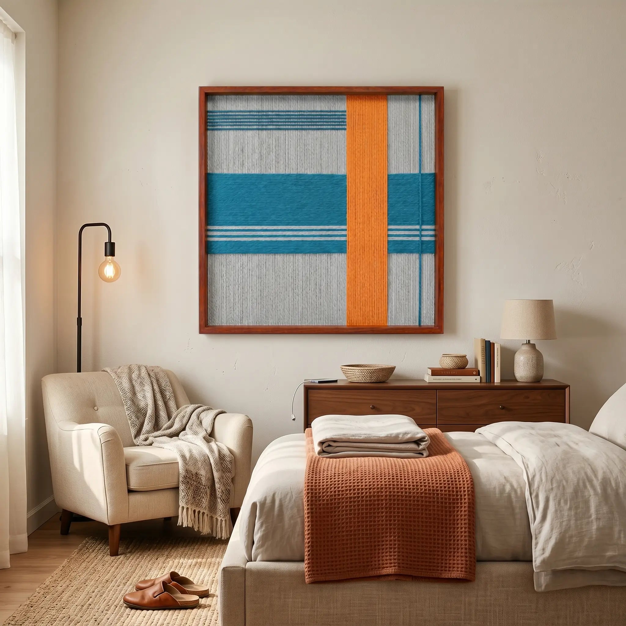 Framed teal and orange textile wall art styled in a cozy bedroom as a striking focal point above a modern bed adorned with a matching orange throw blanket.