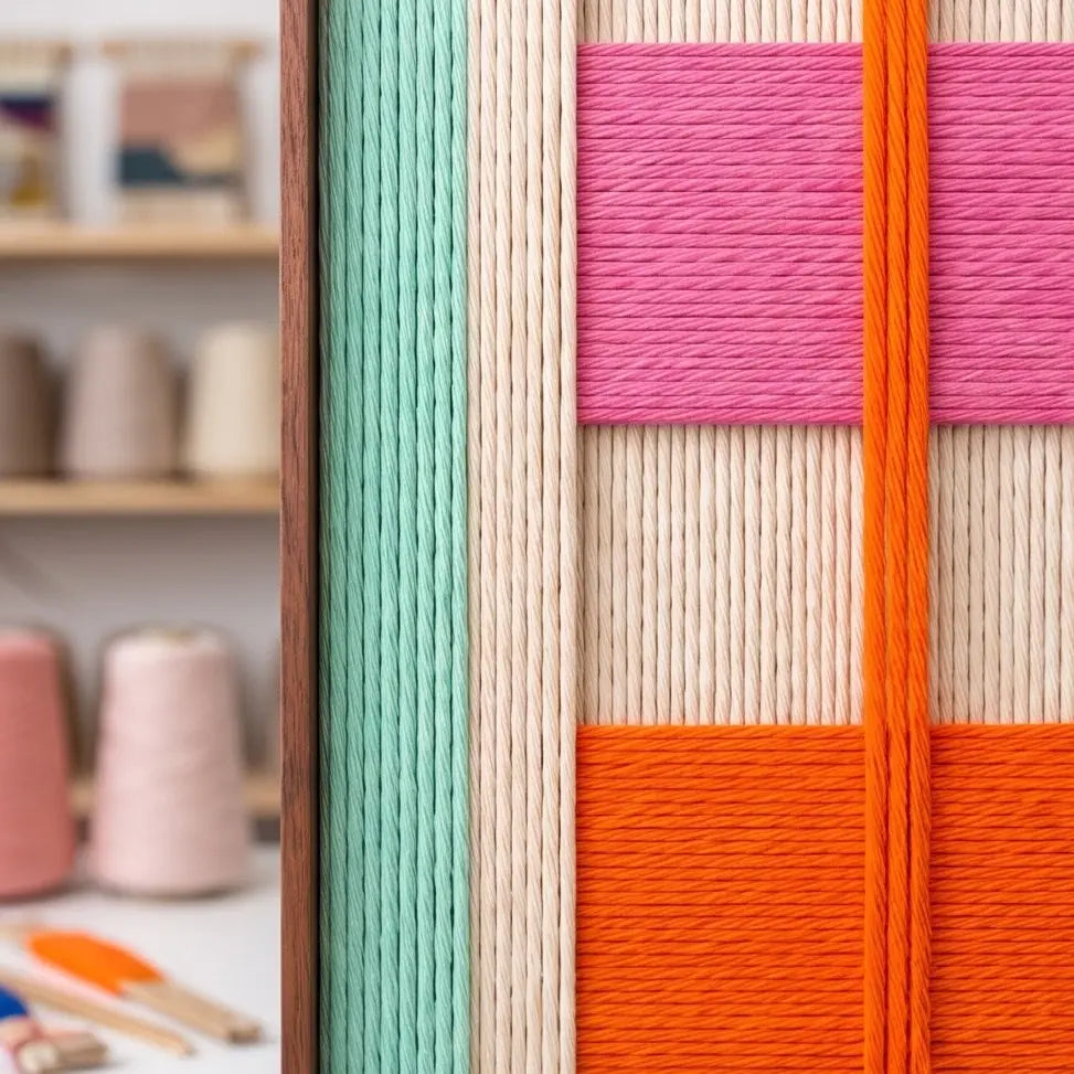 Close-up macro detail of the hand-woven wool tapestry showing textured vertical cream yarns intersected by bold orange and pink horizontal bands.