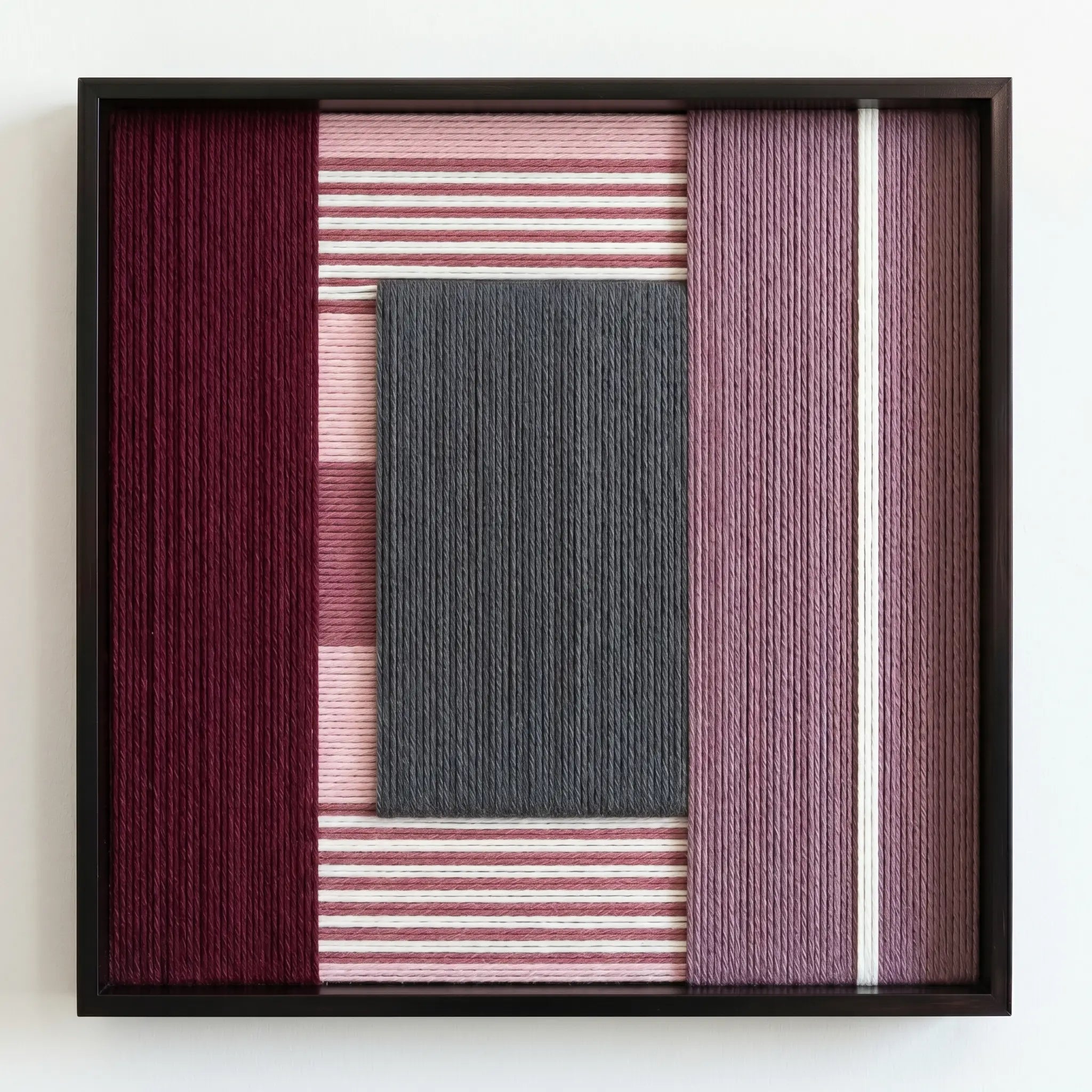 Professional studio shot of the Burgundy Overture hand-woven wool wall art in a square black frame against a clean white background.