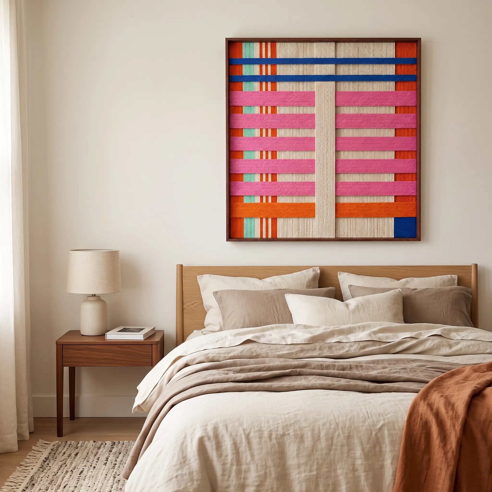 Serene bedroom interior featuring the California Afterglow hand-woven wool tapestry mounted above a wooden bed frame with earth-toned bedding.