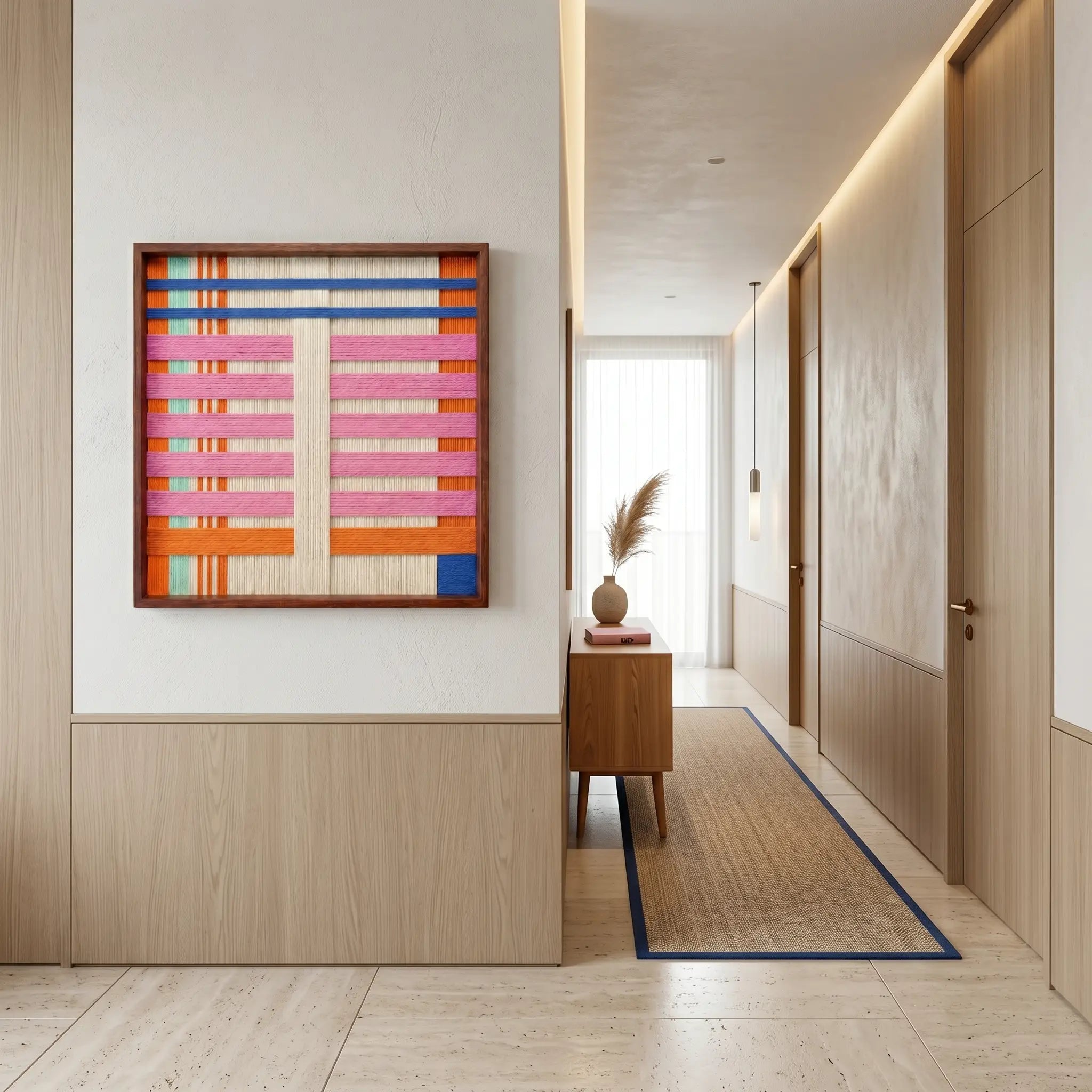 Vibrant pink and orange textured fiber art hanging on a wood-paneled wall in a modern, well-lit hallway corridor.
