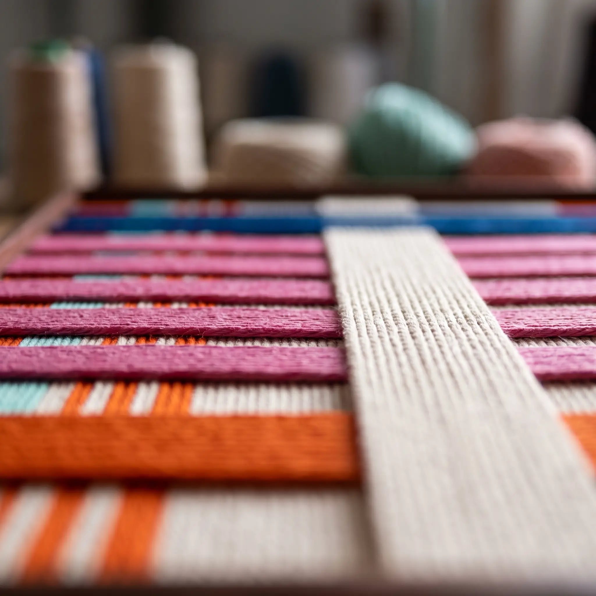 Macro close-up view of the California Rhythm hand-woven wool tapestry highlighting the colorful pink, orange, and cream yarn texture.