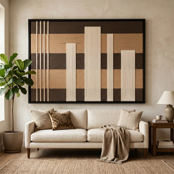 Large framed Canyon Whispers hand-woven wall art hanging elegantly above a cozy white sofa in a bright, modern living room setting.
