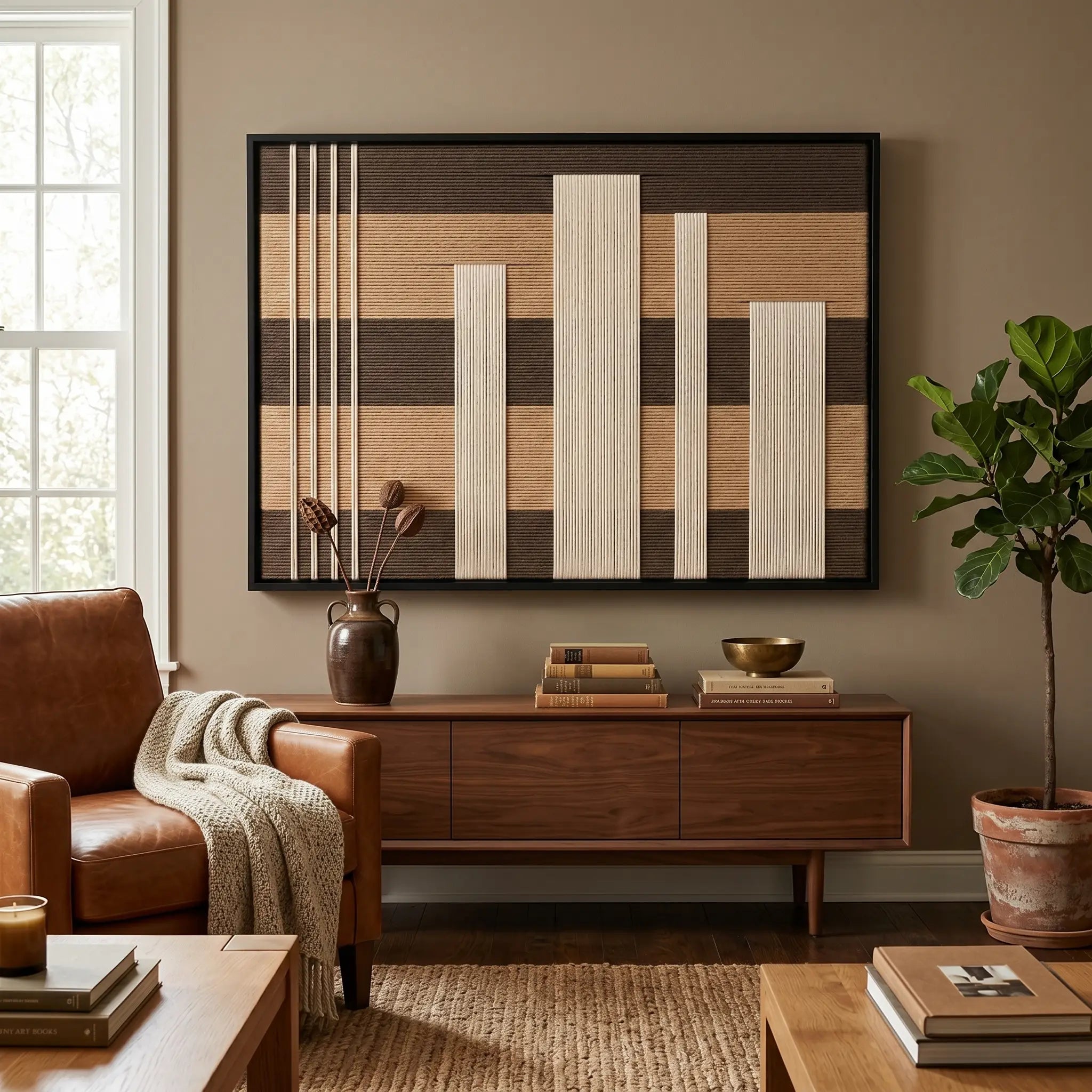 Earth-toned Canyon Whispers framed wall art styled above a warm mid-century wooden credenza next to a brown leather armchair.