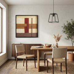 Textured wool wall art styled in a contemporary dining room above a minimalist wooden sideboard and dining table set.