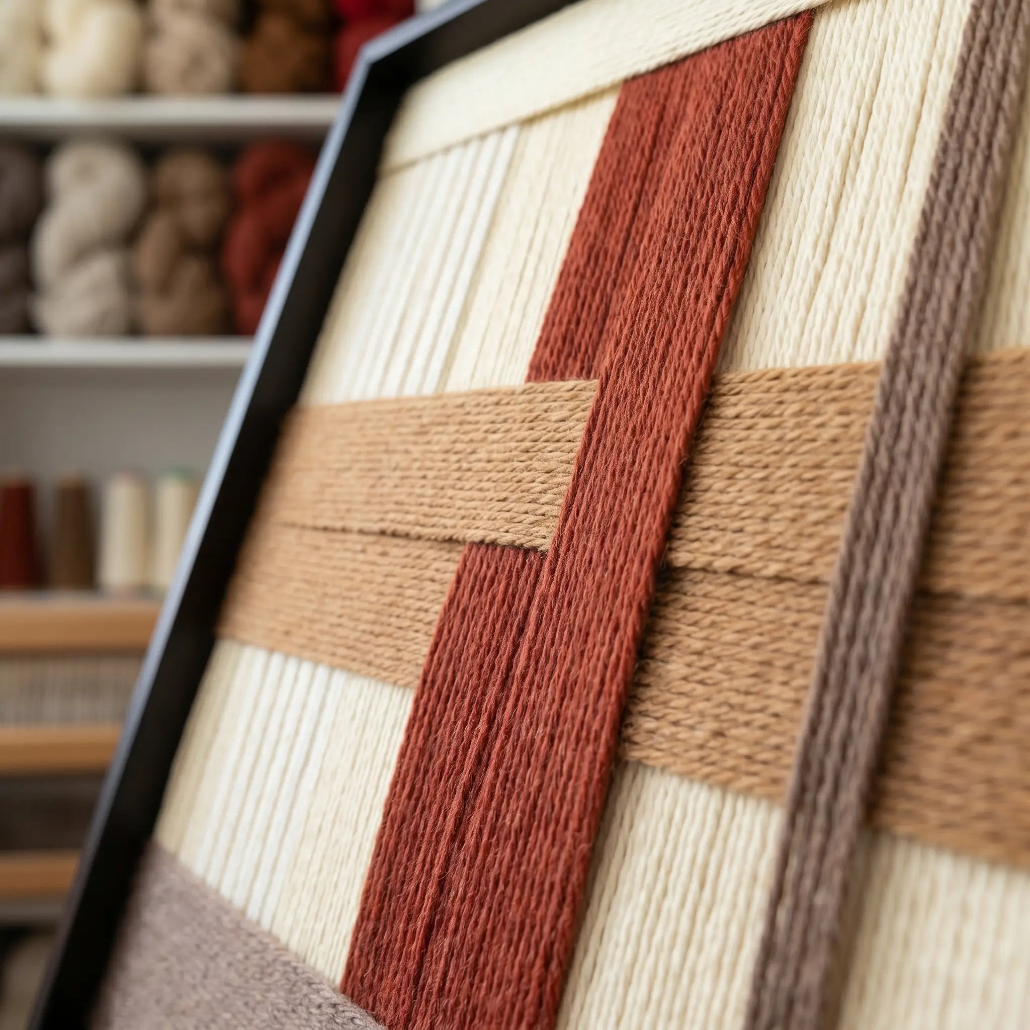 Angled close-up of the Captured Radiance fiber art showing the dense hand-wrapped wool yarn and intricate geometric textile patterns.