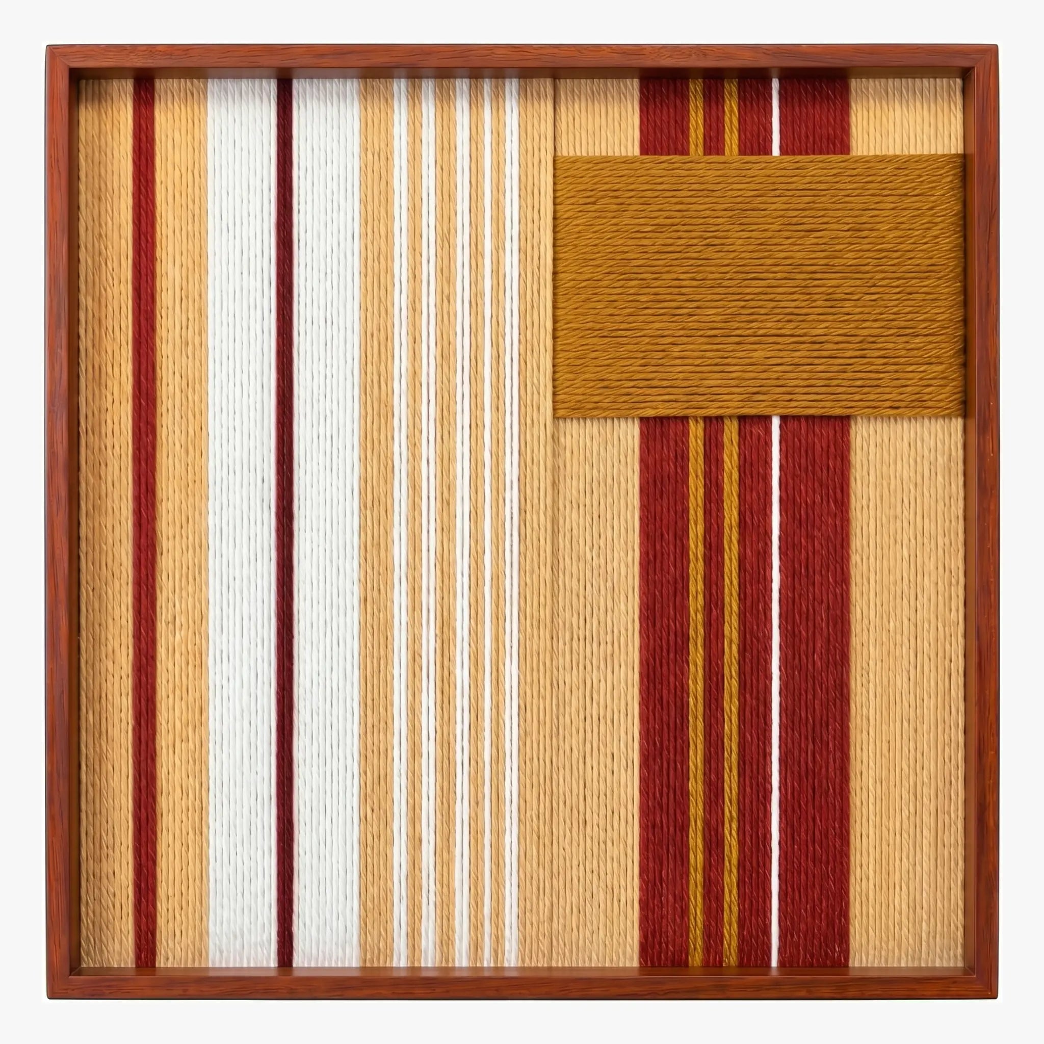 Frontal studio shot of the Carmine Pulse square hand-woven textile wall art featuring carmine red, white, and mustard yellow vertical stripes with a solid mustard patch in a wooden frame.