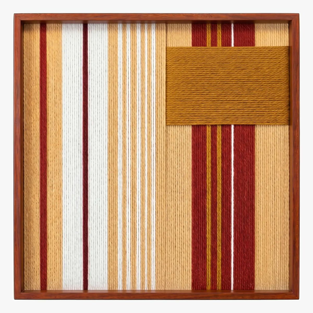 Frontal studio shot of the Carmine Pulse square hand-woven textile wall art featuring carmine red, white, and mustard yellow vertical stripes with a solid mustard patch in a wooden frame.