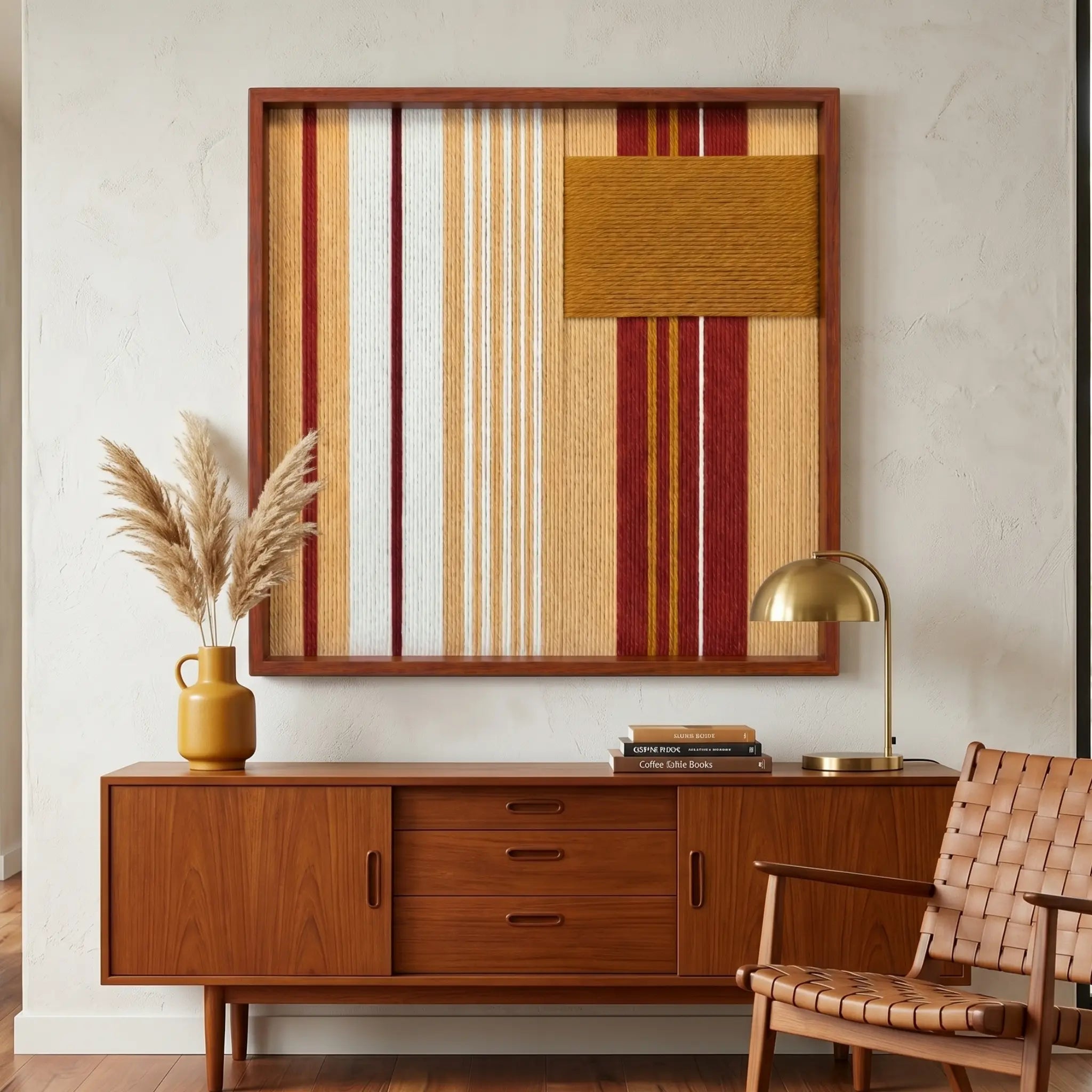 Earth-toned Carmine Pulse framed wall art styled above a warm mid-century wooden sideboard adorned with dried pampas grass in a serene living space.
