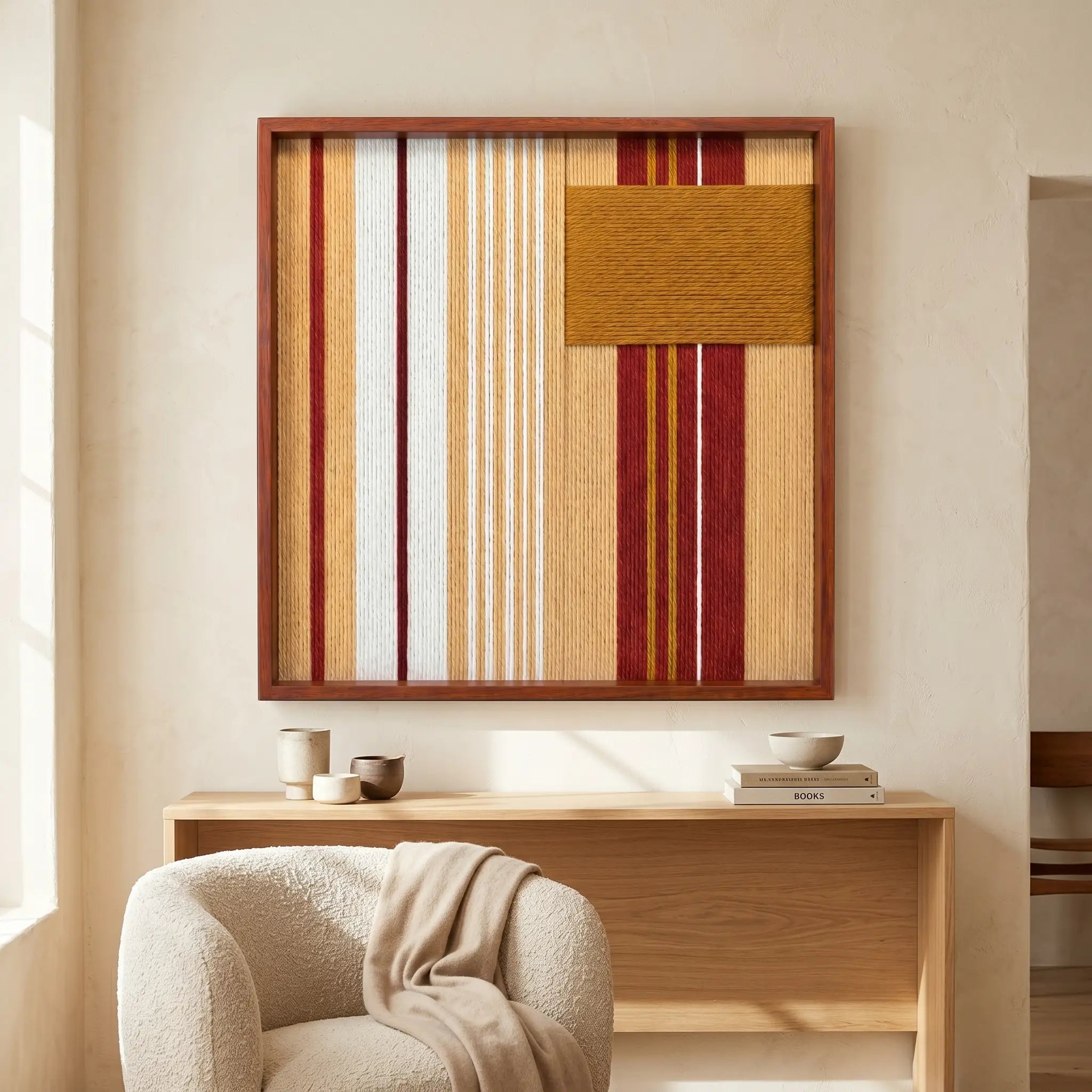 Striking square hand-woven wool tapestry positioned perfectly above a sleek light wood console table next to a curvy modern white armchair.