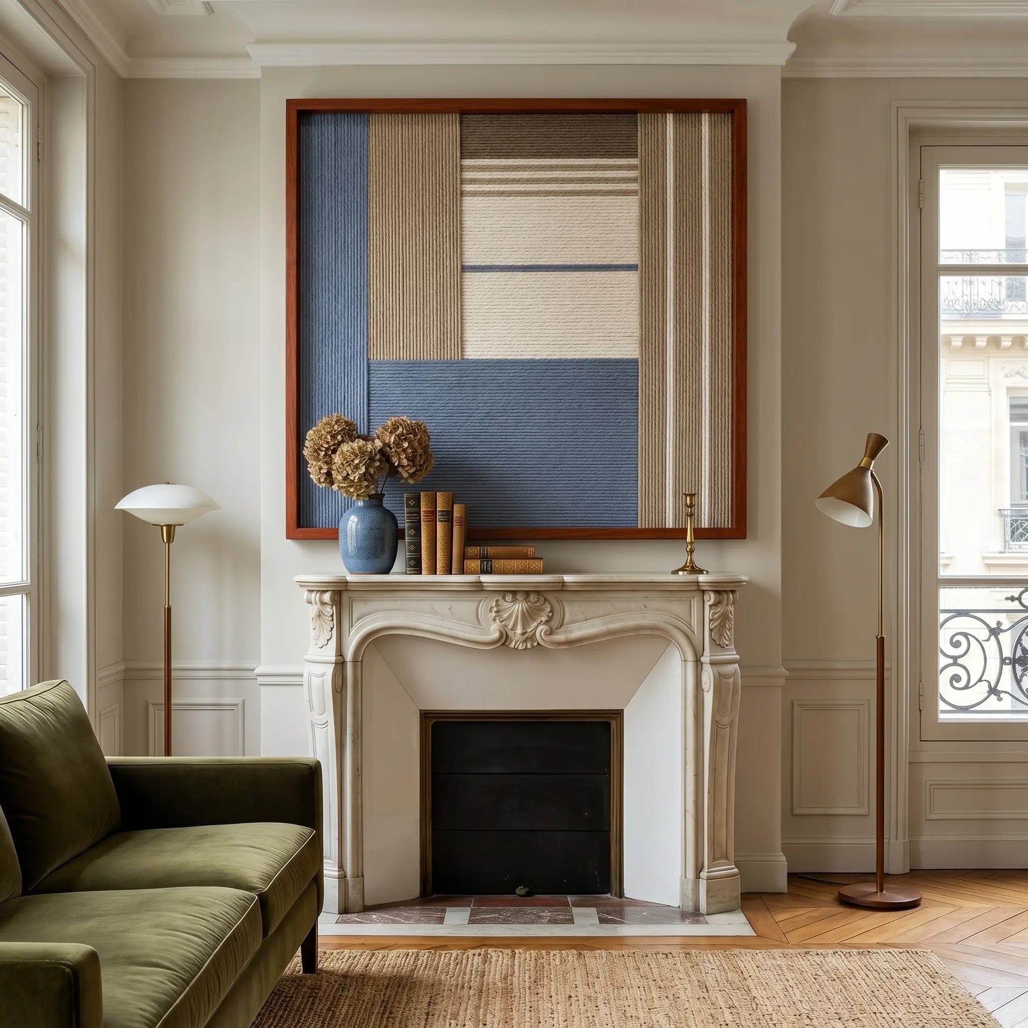 Beautiful framed hand-woven textile wall art styled elegantly above a classic fireplace mantel in a bright room featuring an olive green velvet sofa.