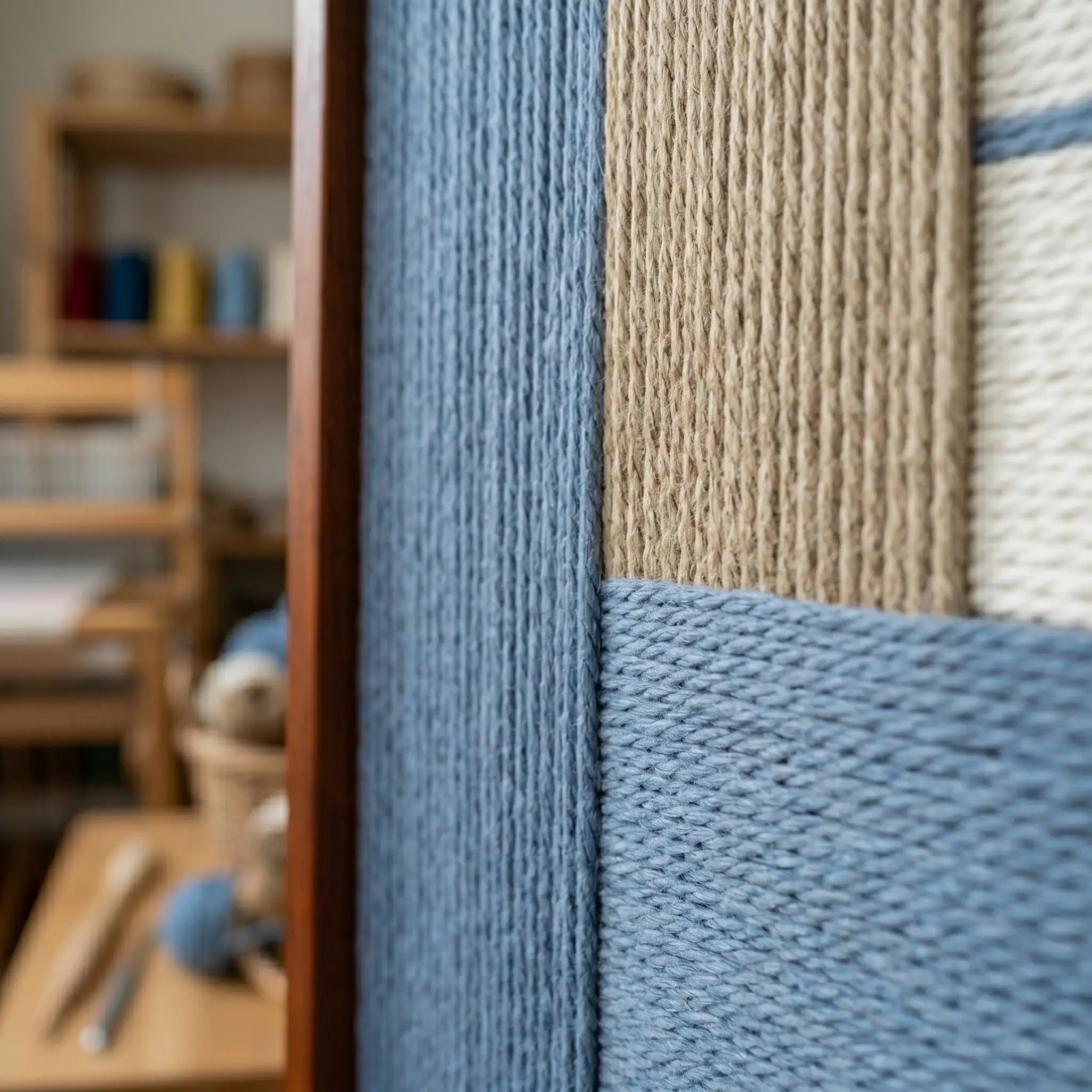 Detailed angled macro close-up of the Cerulean Mist hand-woven textile art highlighting the textured light blue, beige, and white yarn blocks.