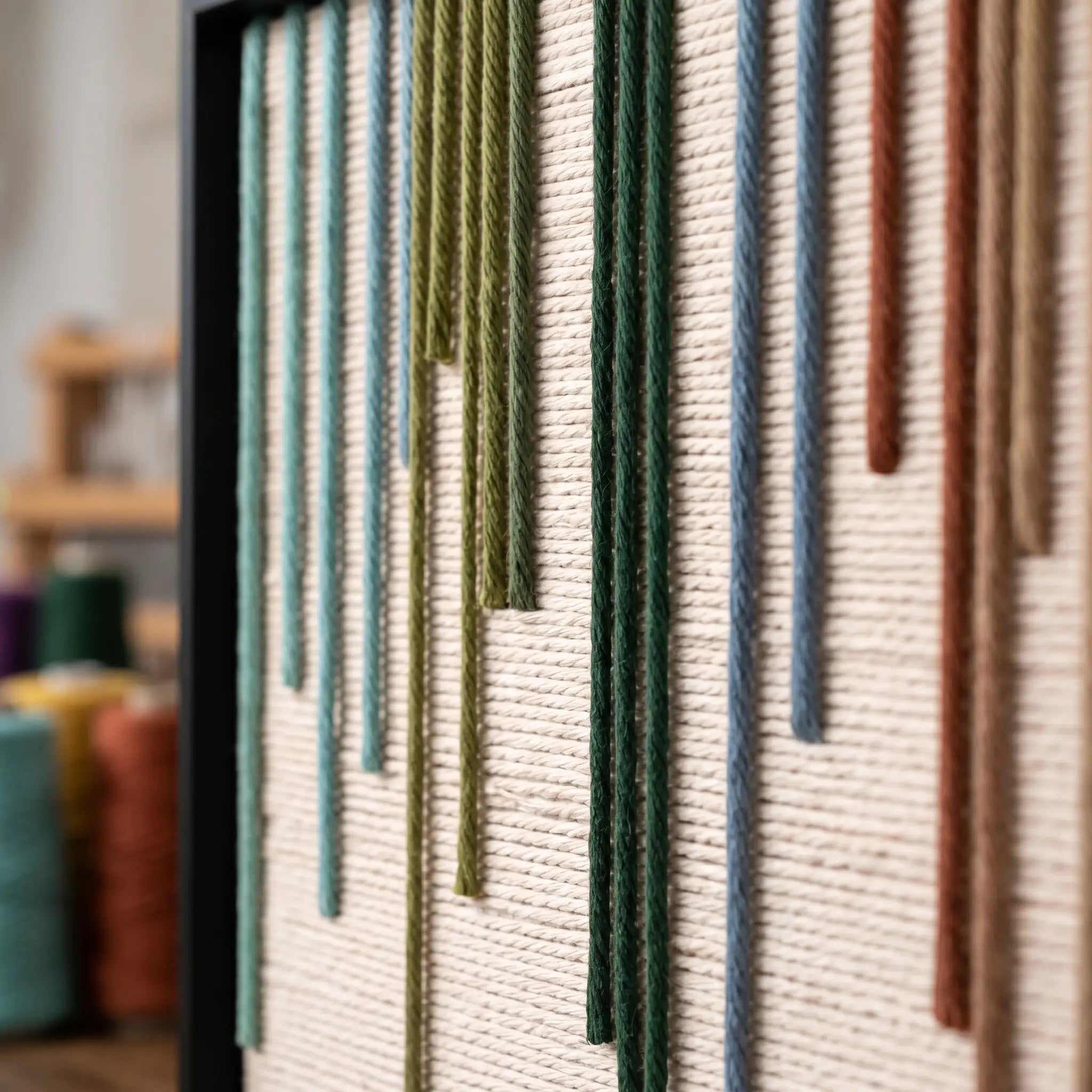 Detailed macro close-up of the Chromatic Rain hand-woven wool tapestry highlighting the raised, textured vertical yarn drops in green, blue, and terracotta.