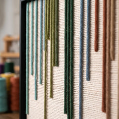 Detailed macro close-up of the Chromatic Rain hand-woven wool tapestry highlighting the raised, textured vertical yarn drops in green, blue, and terracotta.