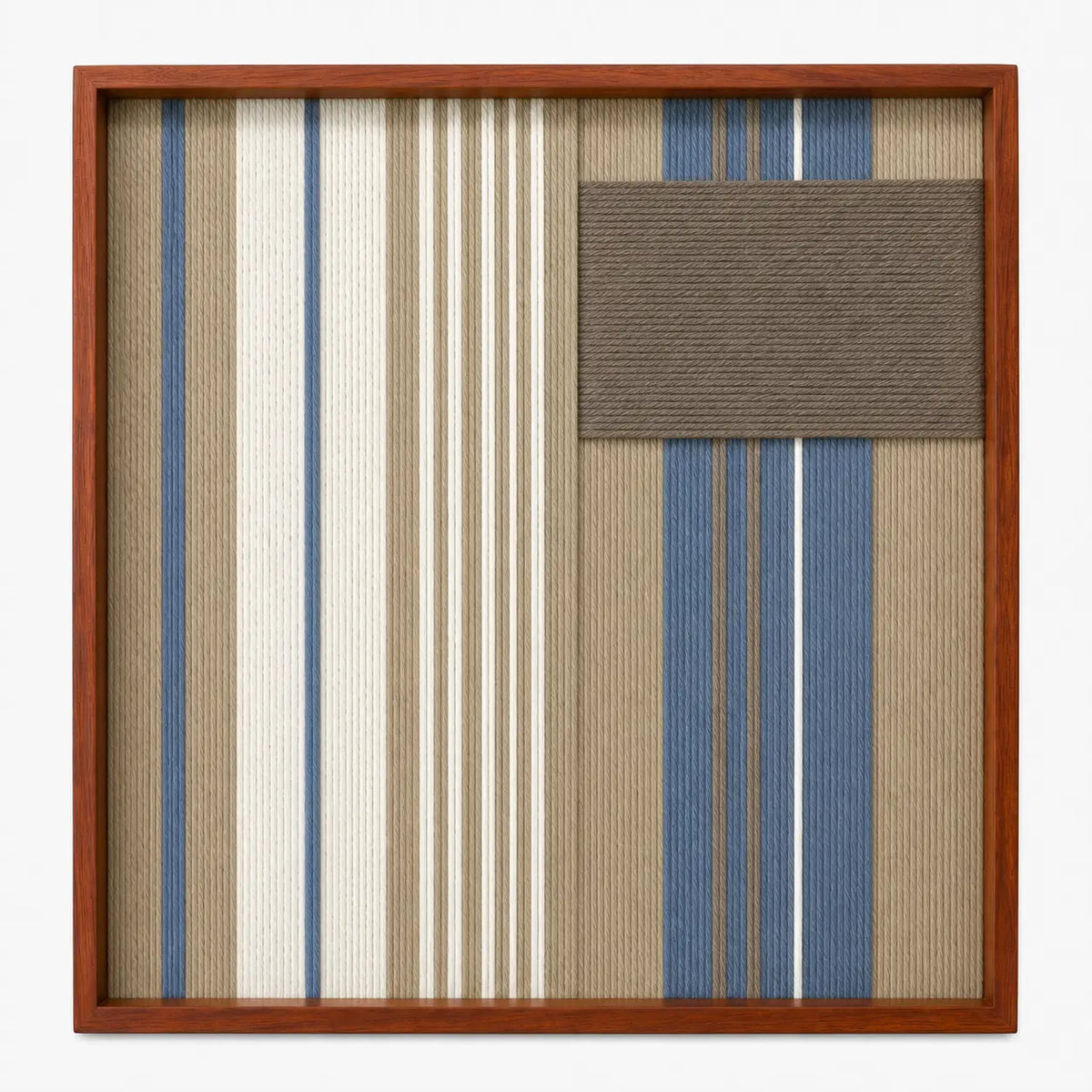 Frontal studio shot of the Coastal Diary square hand-woven textile wall art featuring blue, white, and beige vertical stripes with a solid grey patch in a wooden frame.