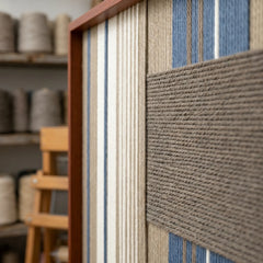 Detailed angled macro close-up of the Coastal Diary hand-woven textile art highlighting the raised grey rectangular patch over textured blue, white, and beige vertical yarn stripes.