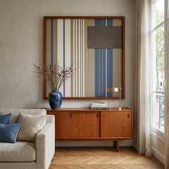 Blue and beige Coastal Diary framed wall art styled elegantly above a warm mid-century wooden sideboard adorned with a dark blue ceramic vase.