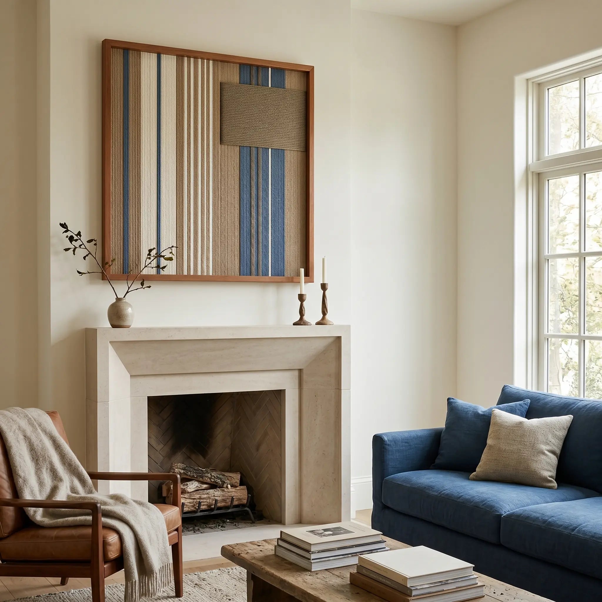 Beautiful framed hand-woven textile wall art styled elegantly above a modern minimalist fireplace mantel in a bright living room featuring a classic blue sofa.