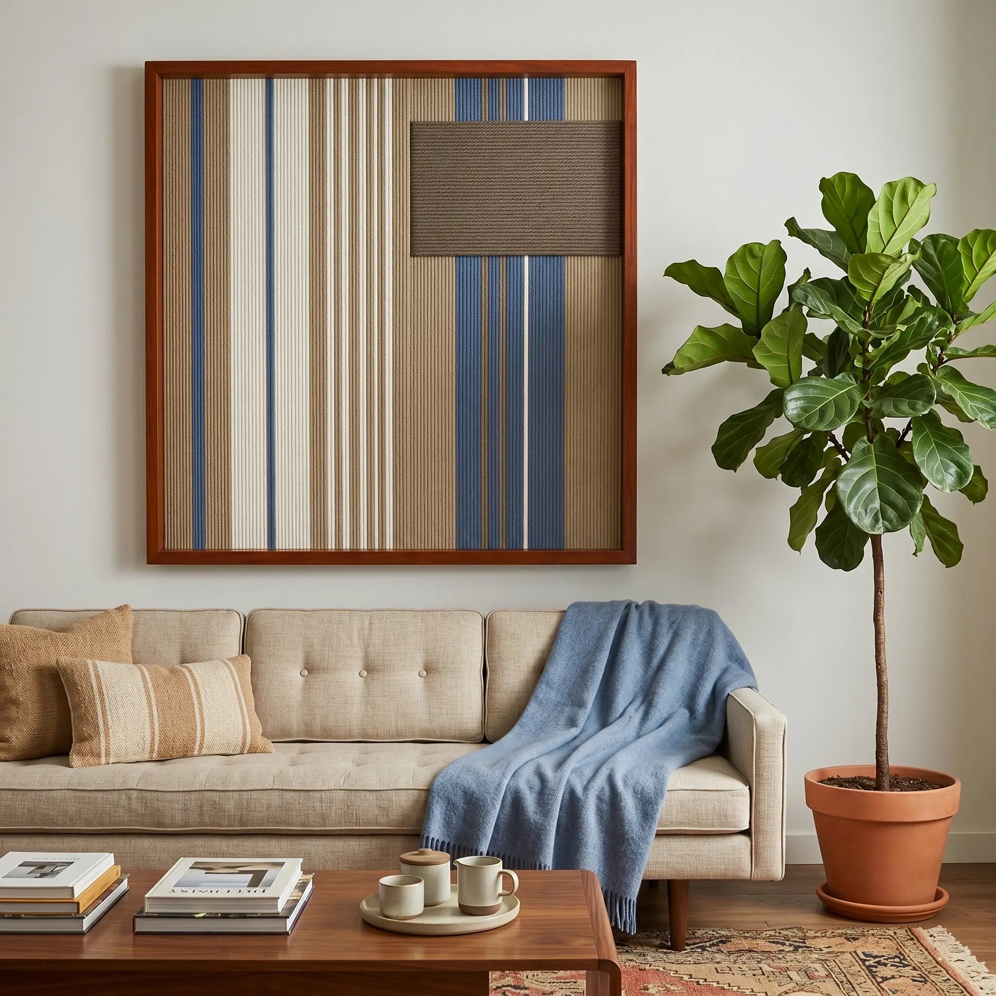 Coastal Diary square hand-woven wall art displayed in a warm living room above a beige sofa draped with a vibrant blue throw blanket next to a large fiddle leaf fig plant.