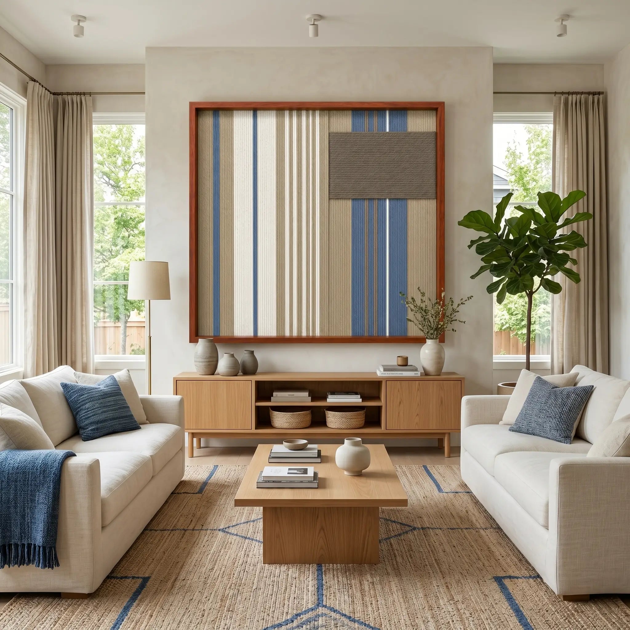 The Coastal Diary textile wall art providing a stunning focal point in a spacious living room, centered on the wall between two matching beige sofas and a light wood coffee table.