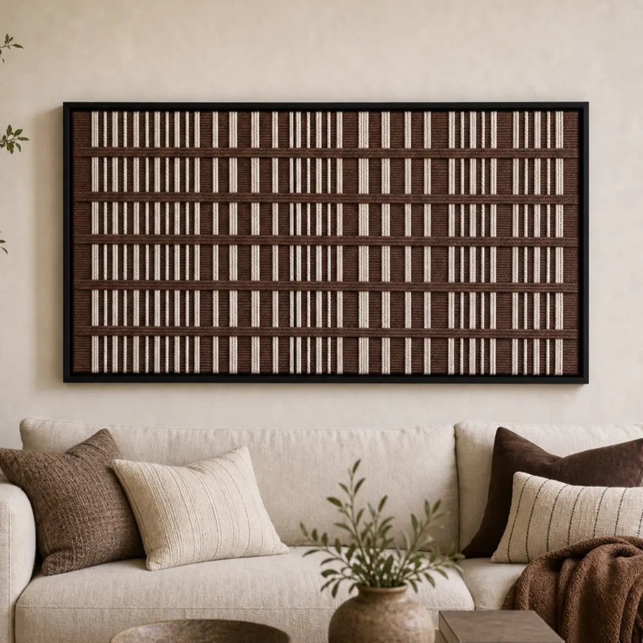 Large framed Cocoa Cadence hand-woven wall art hanging elegantly above a cozy beige sofa adorned with brown pillows in a warm living room.