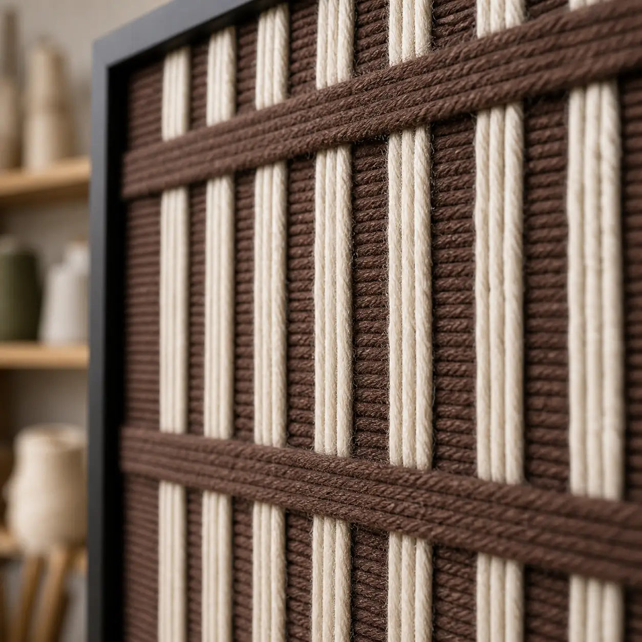 Detailed macro close-up of the Cocoa Cadence hand-woven wool tapestry highlighting the thick brown and cream textured yarn and black frame edge.