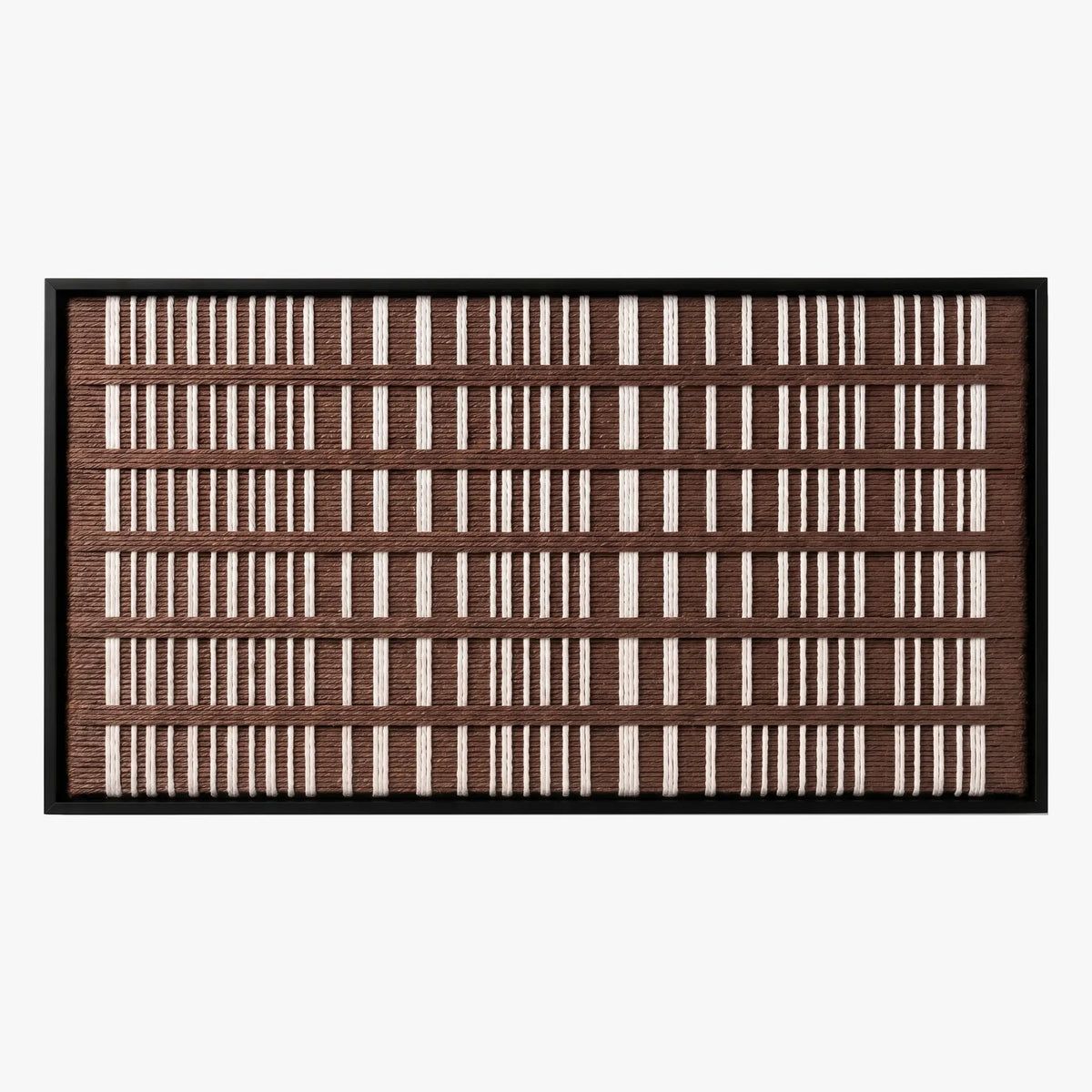 Frontal studio shot of the Cocoa Cadence hand-woven wool wall art featuring a rhythmic brown and cream vertical grid pattern in a black frame.
