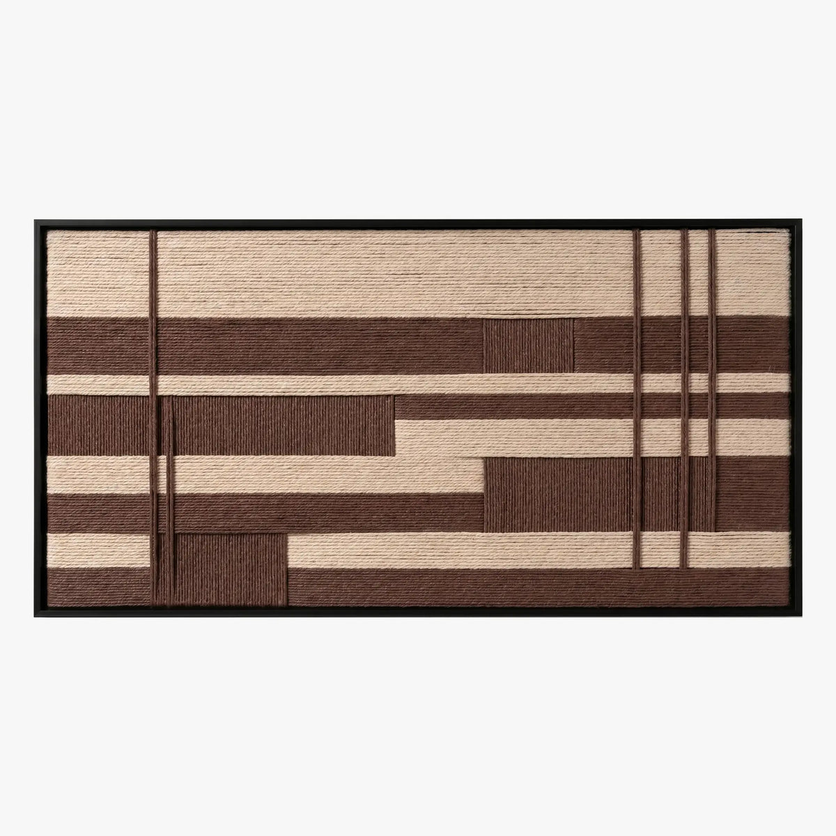 Frontal studio shot of the Cocoa Grid hand-woven wool wall art featuring brown and cream geometric grid patterns in a black frame.