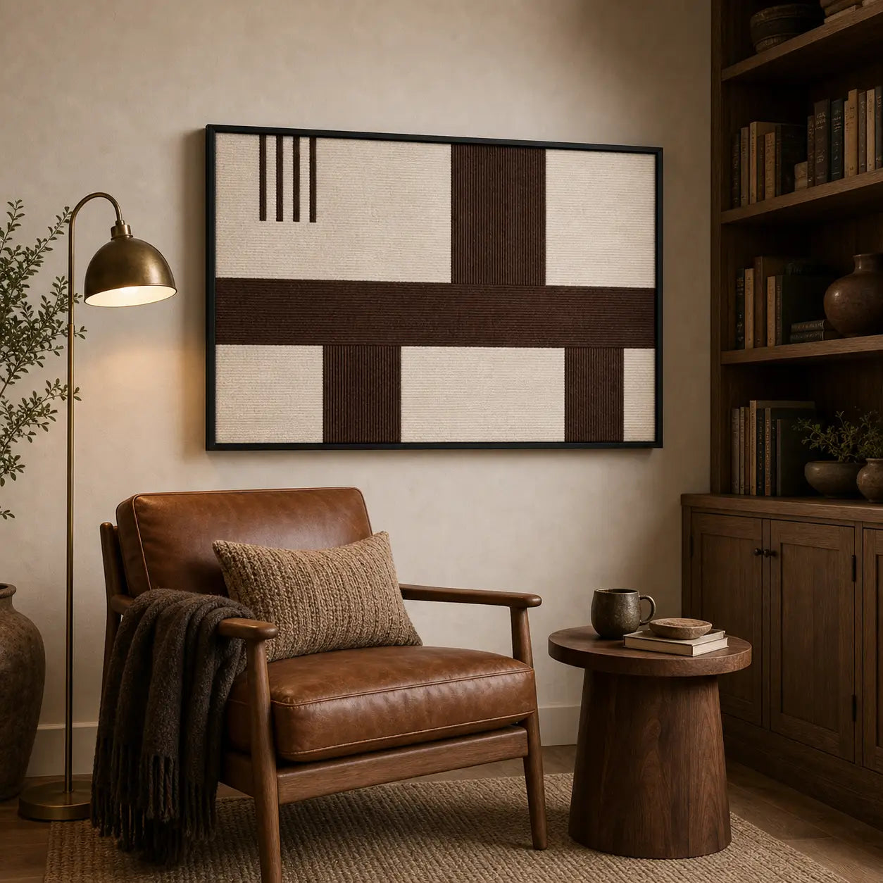 Framed hand-woven wool tapestry styled in a cozy lounge nook positioned above a small table next to a brown leather armchair.