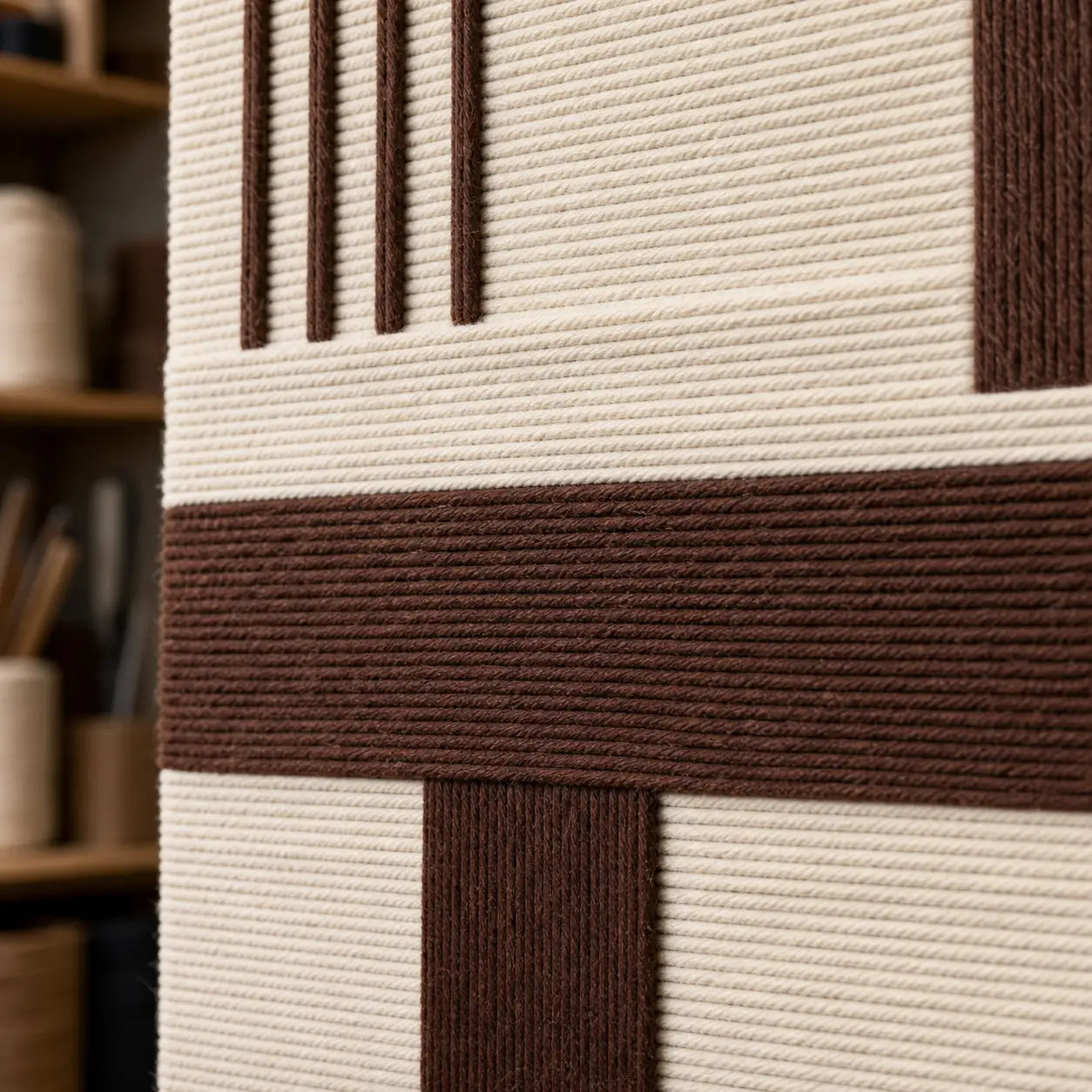 Detailed macro close-up of the Cocoa Horizon hand-woven wool tapestry highlighting thick brown and cream textured yarn.