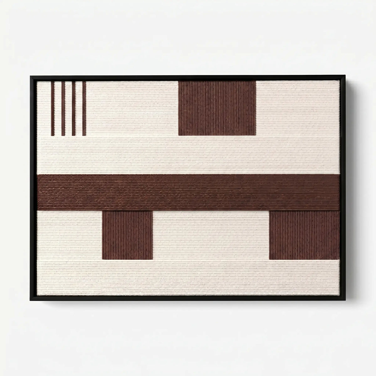Frontal studio shot of the Cocoa Horizon hand-woven wool wall art featuring brown and cream geometric patterns in a black frame.