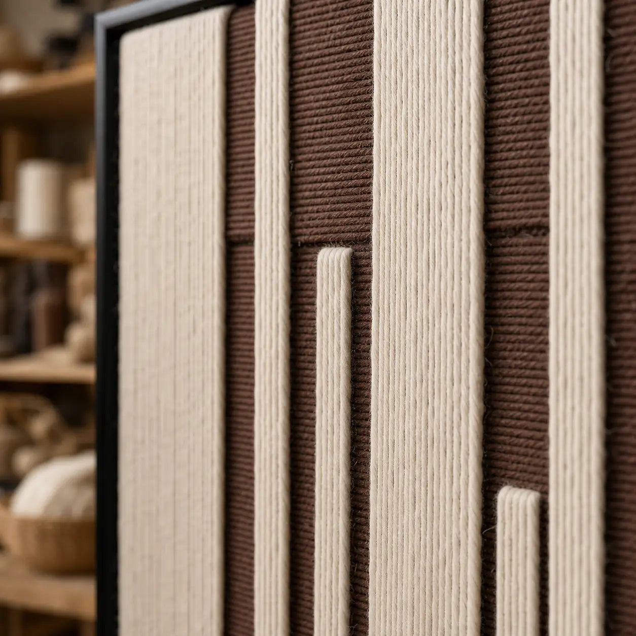 Detailed macro close-up of the Cocoa Pillars hand-woven wool tapestry highlighting thick brown and cream vertical yarn textures.