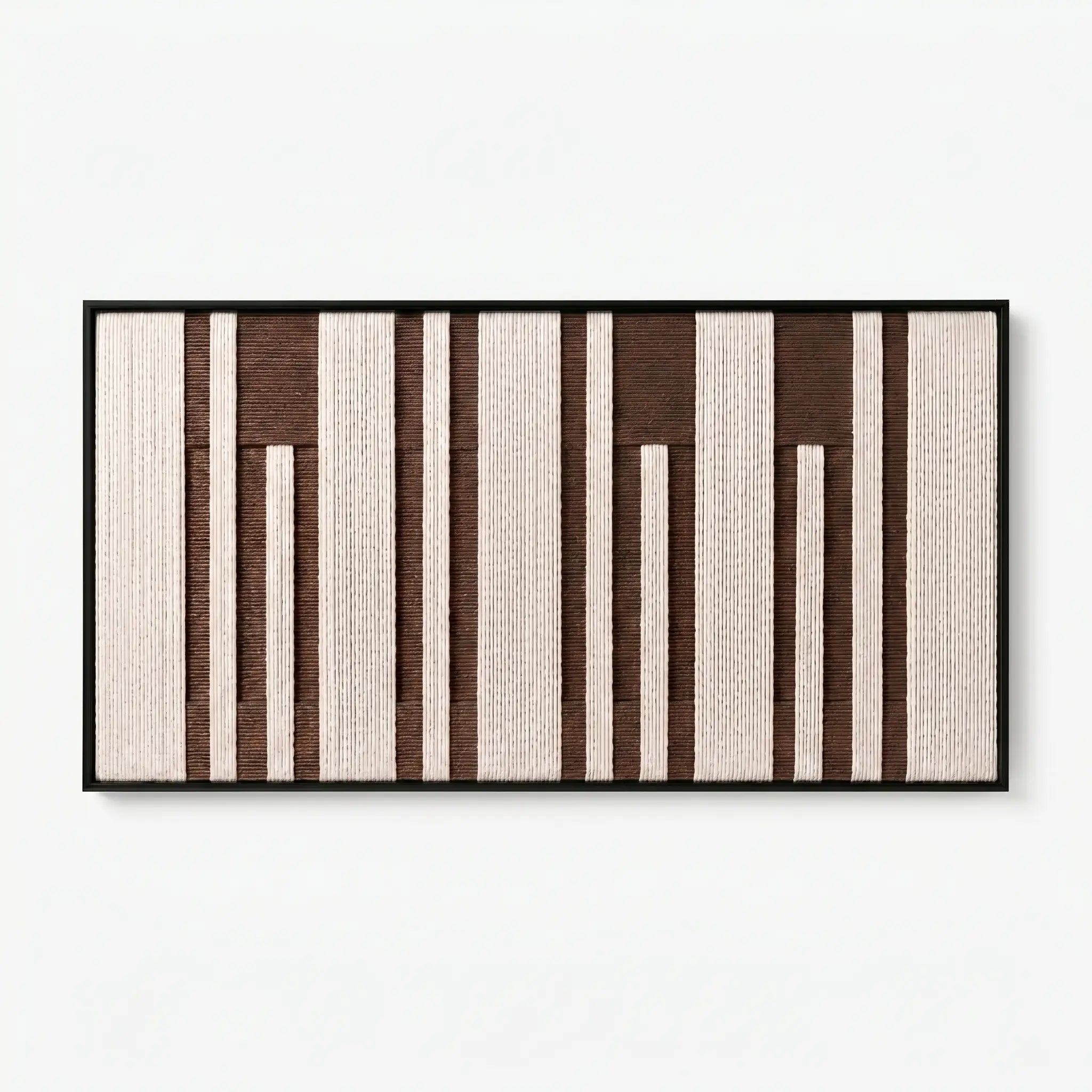 Frontal studio shot of the Cocoa Pillars hand-woven wool wall art featuring brown and cream vertical patterns.