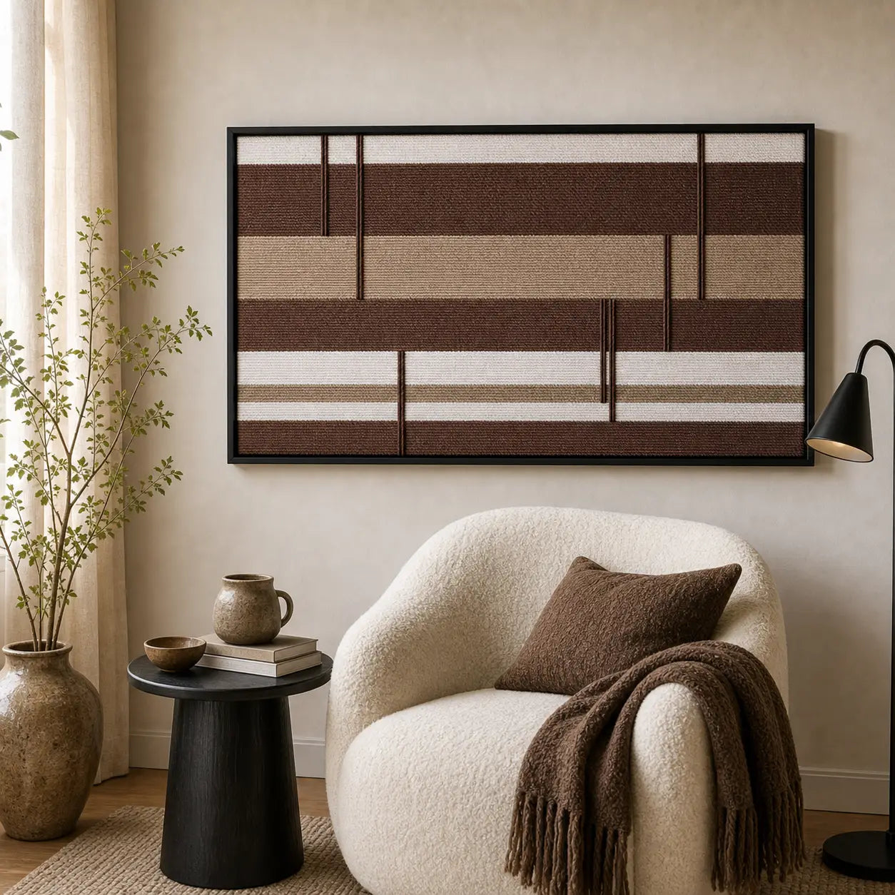 Earth-toned Cocoa Strata framed wall art styled in a cozy lounge nook next to a white armchair and side table.
