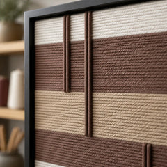 Detailed macro close-up of the Cocoa Strata hand-woven wool tapestry highlighting thick brown and cream textured yarn.