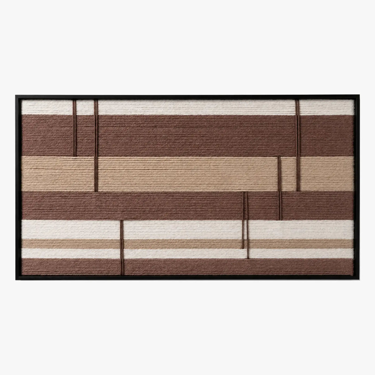 Frontal studio shot of the Cocoa Strata hand-woven wool wall art featuring brown and beige horizontal stripes in a black frame.