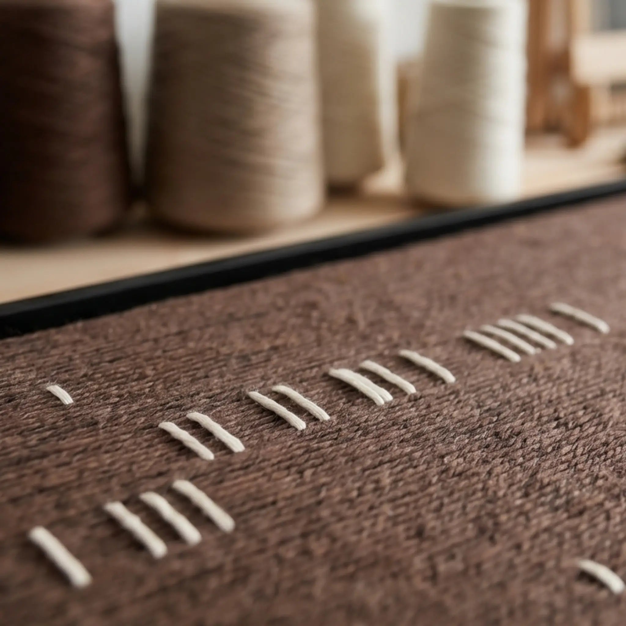 Angled close-up of the Cocoa Whispers textile art lying flat, showcasing the raised white yarn details against a brown woven canvas with yarn spools in the soft-focus background.