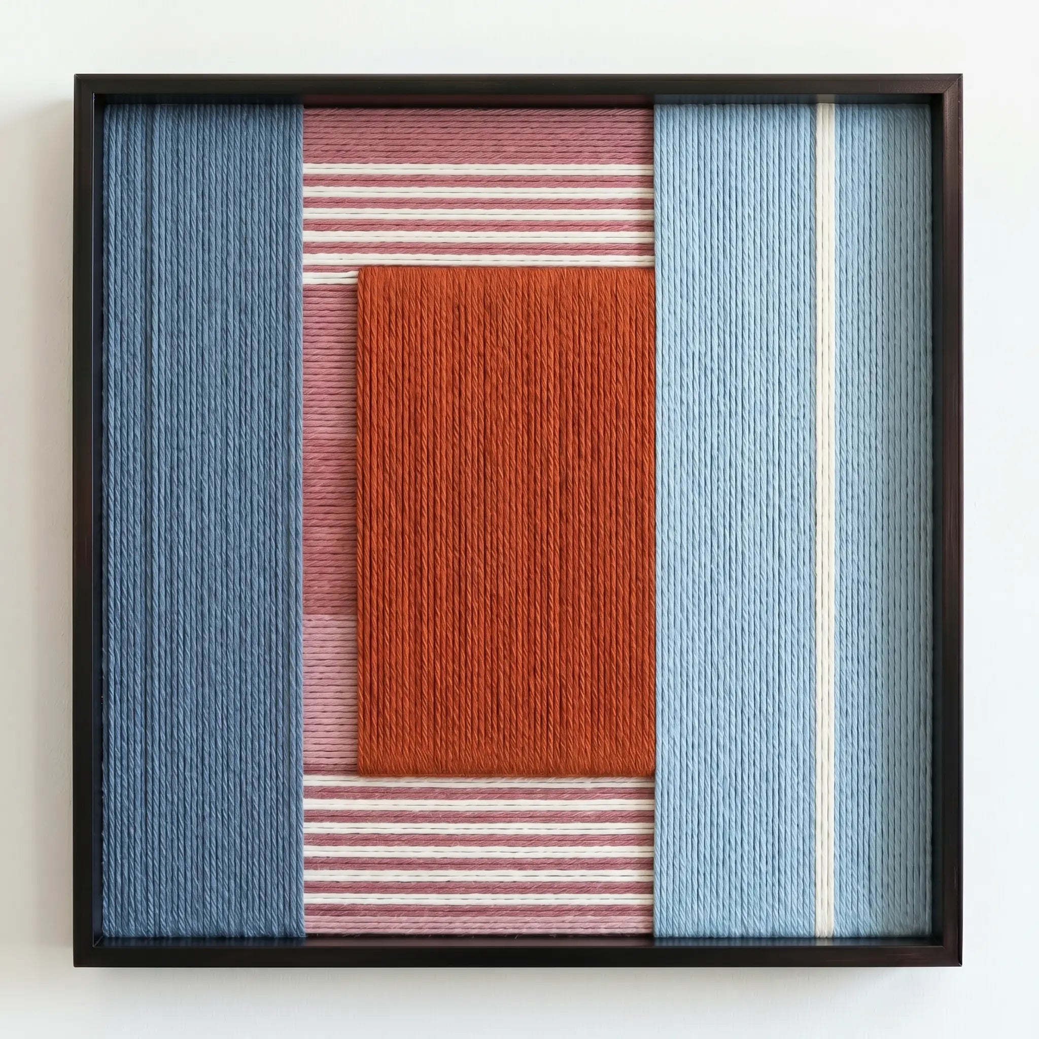 An angled perspective of the Cold Fire wool tapestry, showcasing the dimensional depth and layered winding technique of the fibers.
