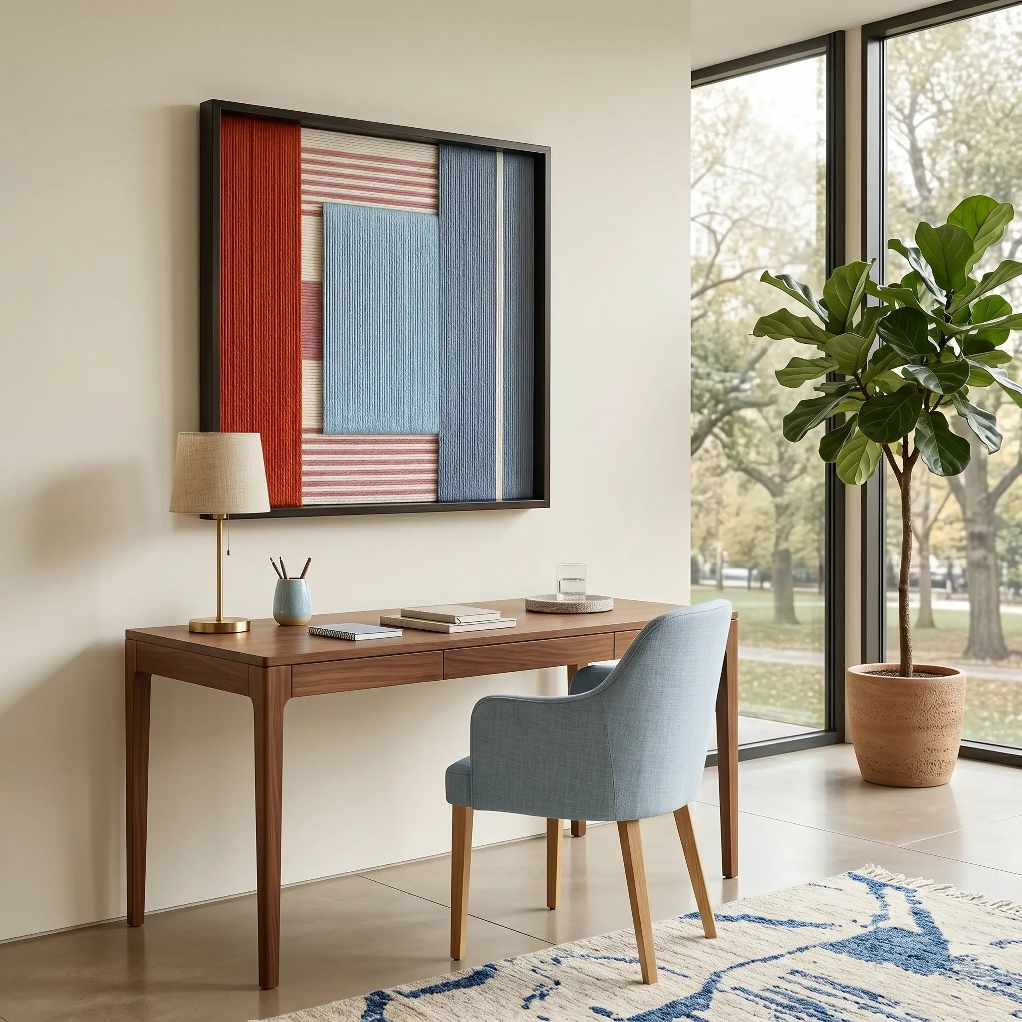 Textured fiber wall art styled in a contemporary home office above a wooden desk with a blue designer chair.