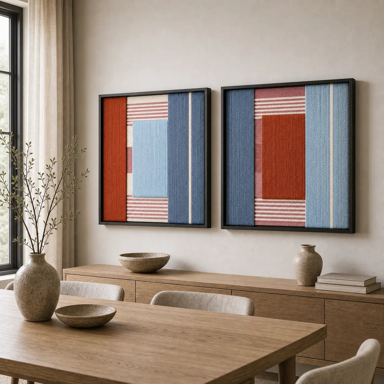 The Cold Fire geometric hand-woven wool tapestry set provides a striking focal point over a wooden sideboard in a contemporary dining room.