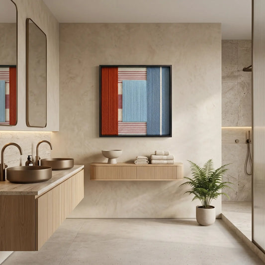 Modern textured wool wall art displayed in a luxury bathroom above a floating vanity, adding warmth to a minimalist space.