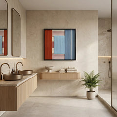 Modern textured wool wall art displayed in a luxury bathroom above a floating vanity, adding warmth to a minimalist space.