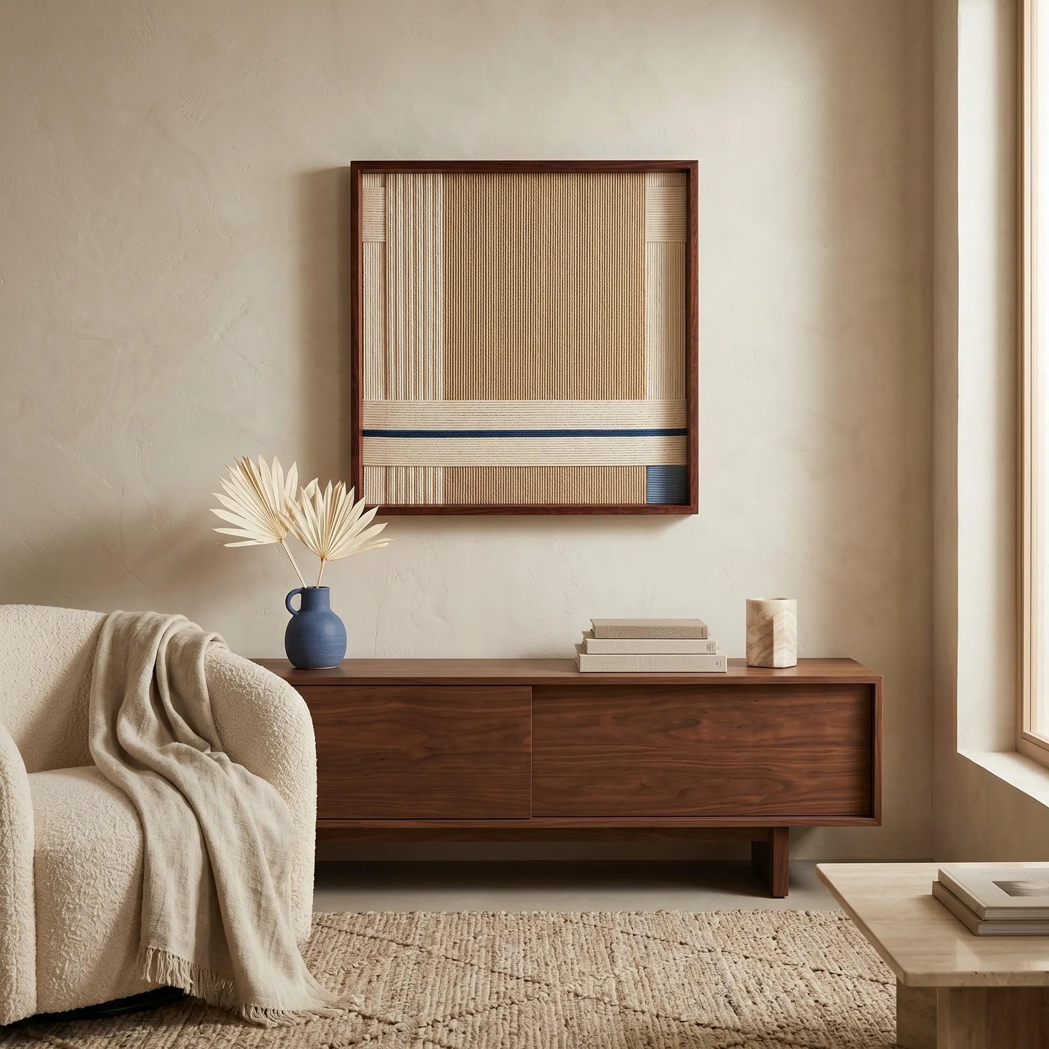 Modern hand-woven wool wall hanging styled above a mid-century modern wooden credenza with neutral decor and a blue ceramic vase.