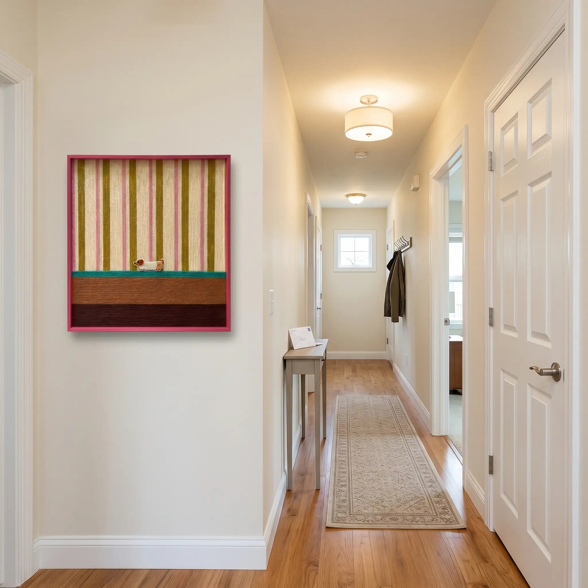 Framed striped and color-blocked textile art displayed on the left wall of a bright minimalist hallway.