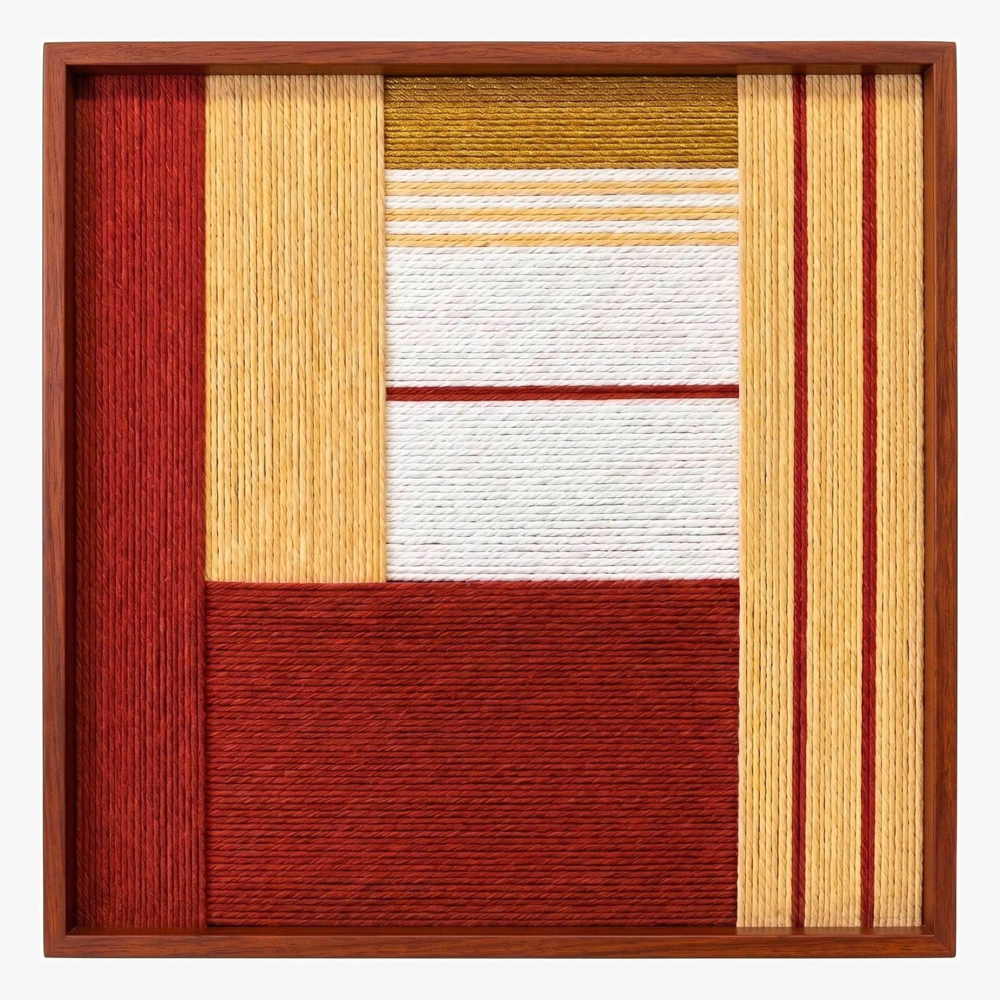 Frontal studio shot of the Crimson Daybreak square hand-woven textile wall art featuring crimson red, mustard yellow, and white geometric blocks in a wooden frame.
